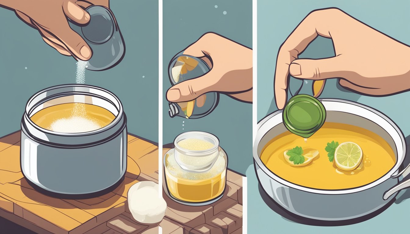 A hand holding a bouillon cube and a jar of salt, adding them to a pot of simmering liquid. Different substitute options are displayed nearby