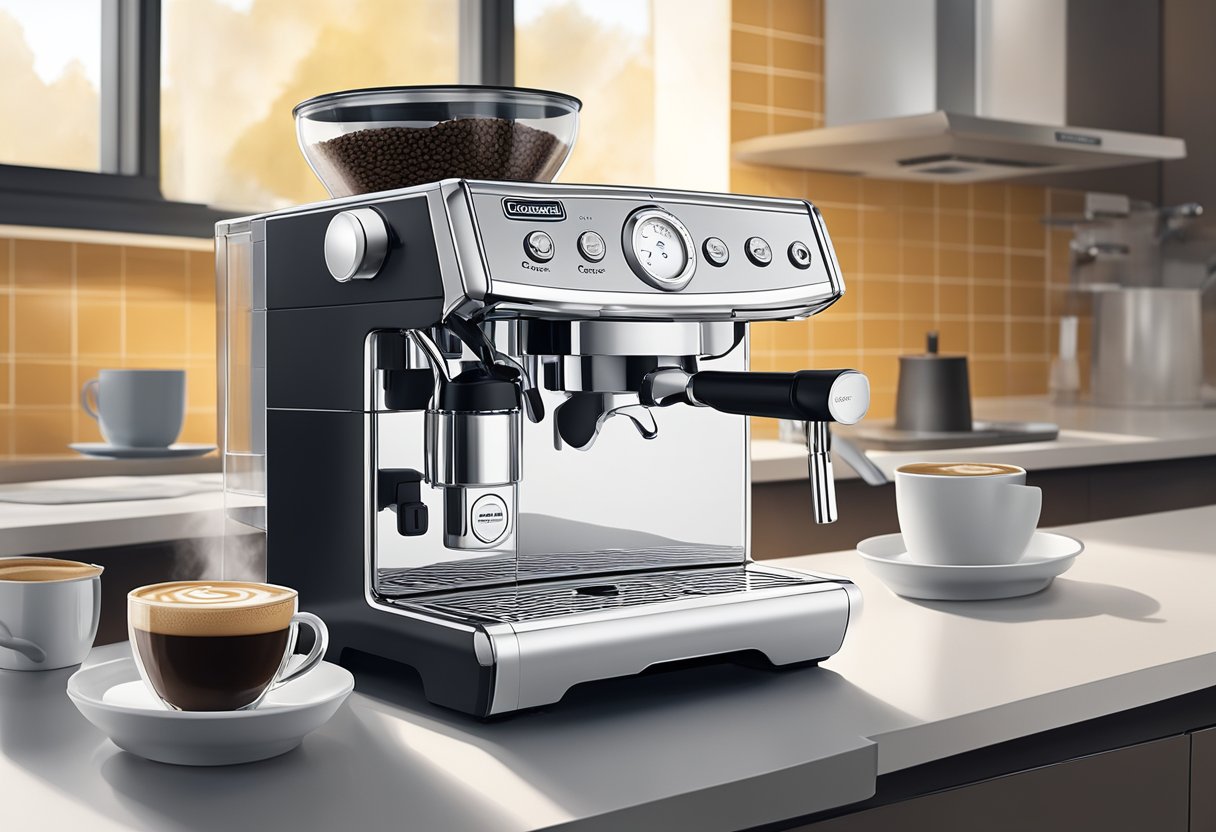 A Delonghi espresso machine sits on a clean countertop, with a portafilter filled with freshly ground coffee and a tamper nearby. Steam rises from the machine as espresso brews into a waiting cup