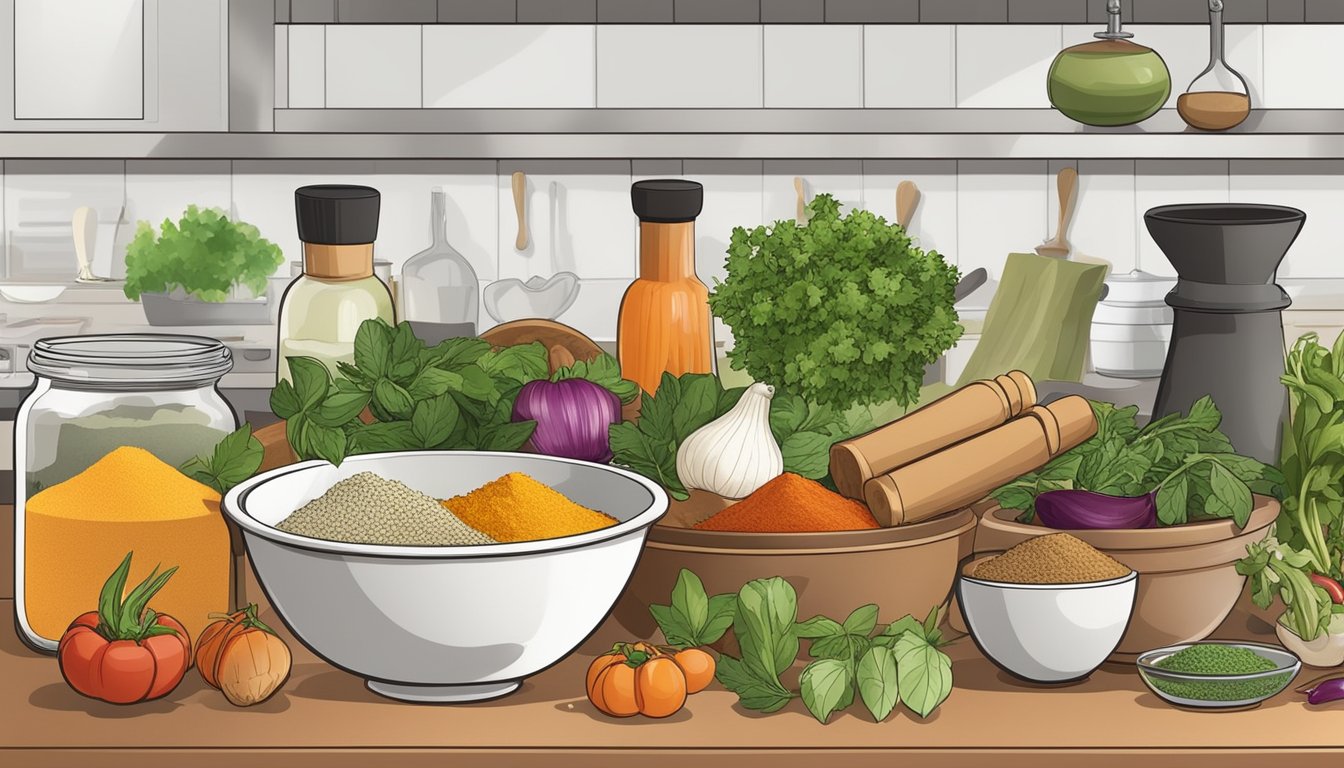 A variety of ingredients such as herbs, spices, and vegetables are arranged on a kitchen counter, with a mortar and pestle nearby for grinding and mixing