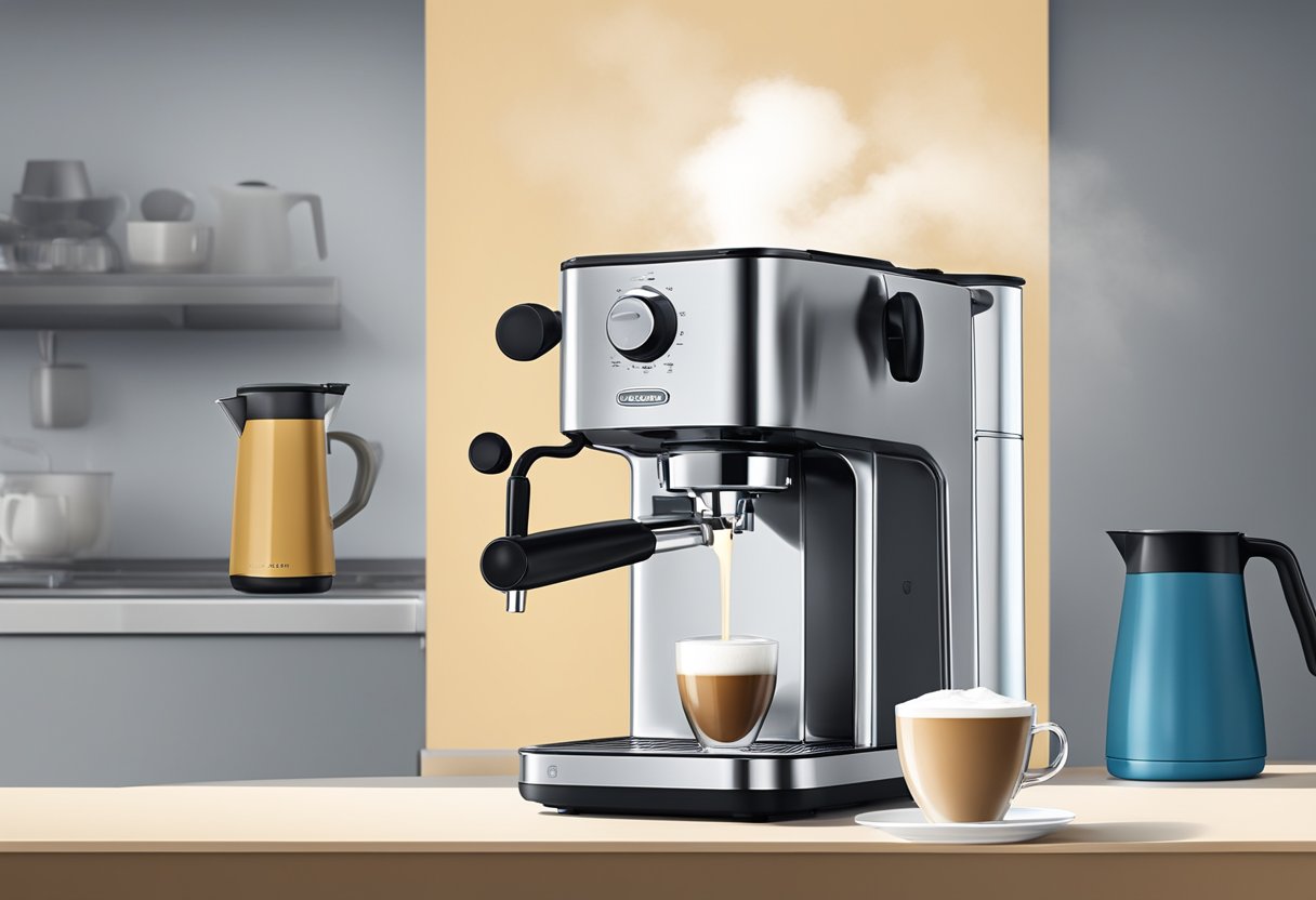 Steam wand inserted into metal milk pitcher, emitting frothy milk. Delonghi espresso machine in background