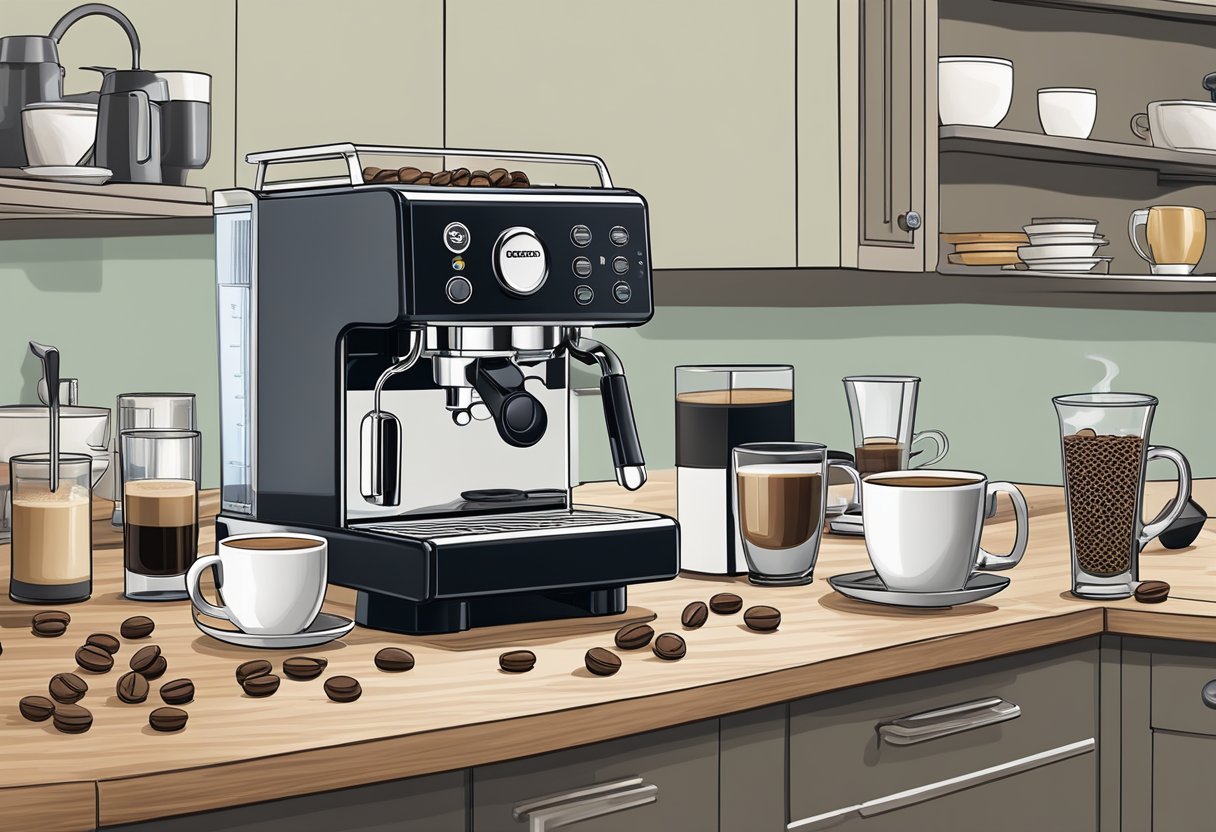 A Delonghi espresso machine sits on a clean kitchen counter, surrounded by coffee beans, a milk frother, and a variety of mugs and glasses