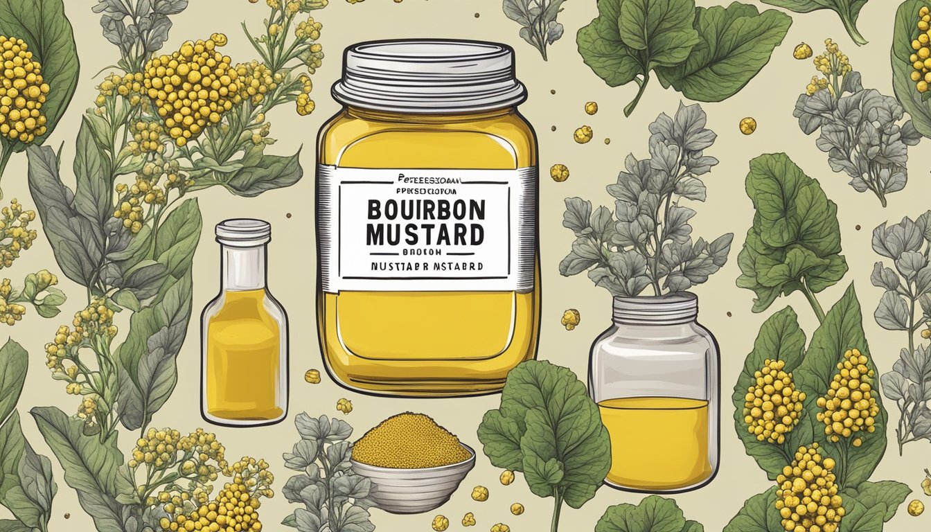 A jar of bourbon mustard surrounded by various mustard seeds, bourbon bottles, and mustard plants