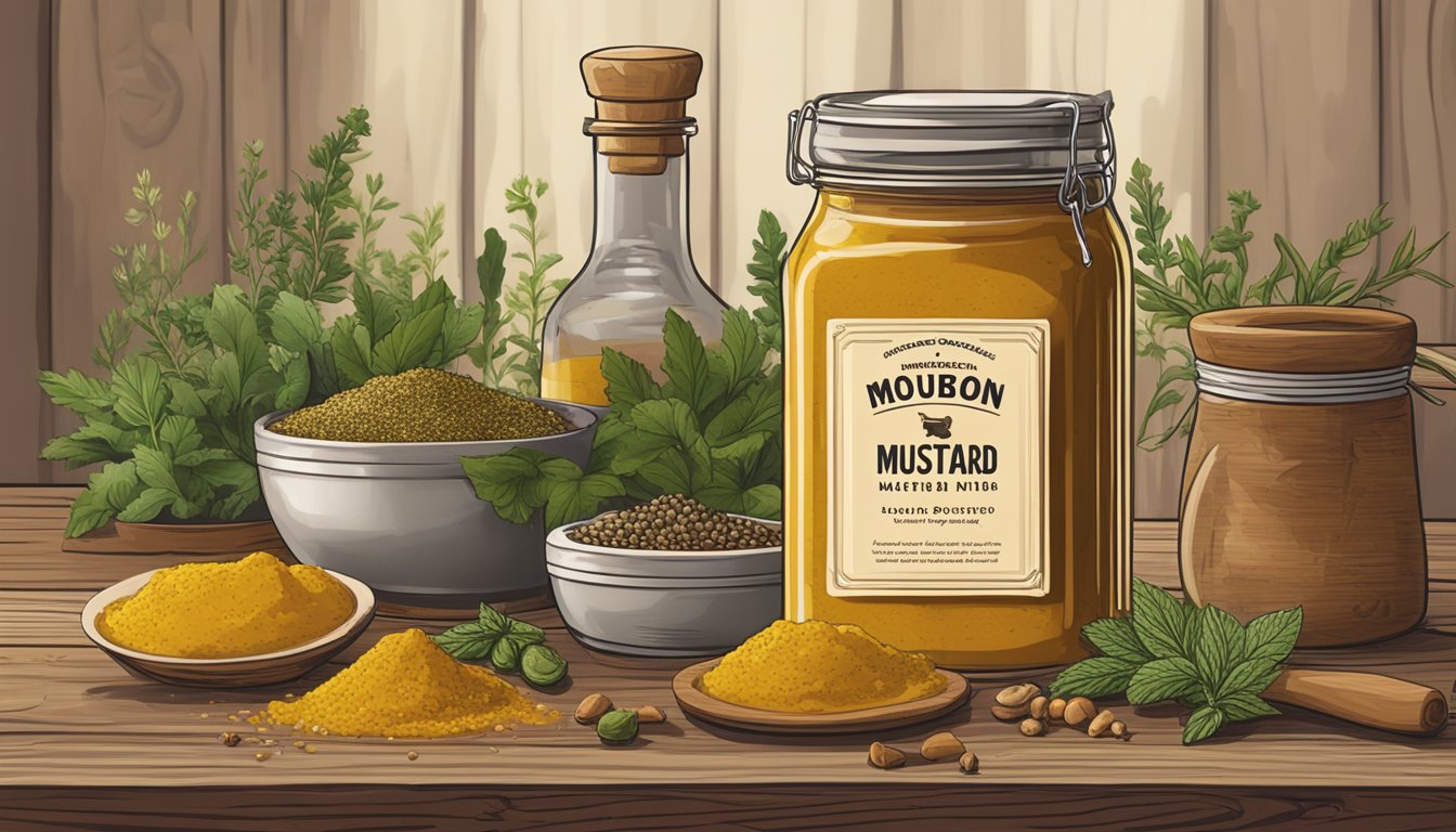 A jar of bourbon mustard sits on a rustic wooden table surrounded by various herbs and spices. A bottle of bourbon stands nearby, hinting at its use in the mustard