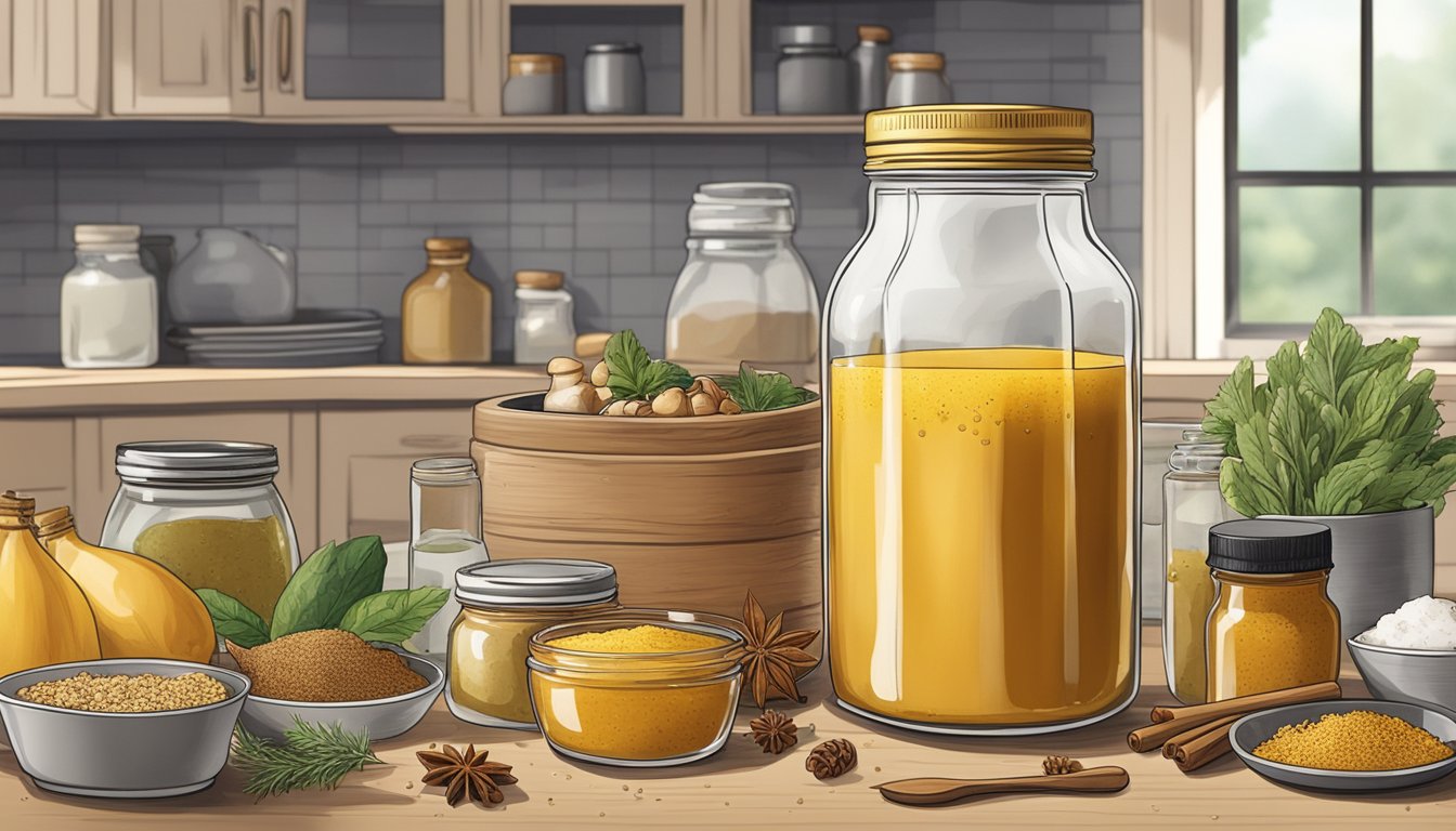 A jar of bourbon mustard sits on a kitchen counter surrounded by various alternative ingredients such as honey, vinegar, and spices