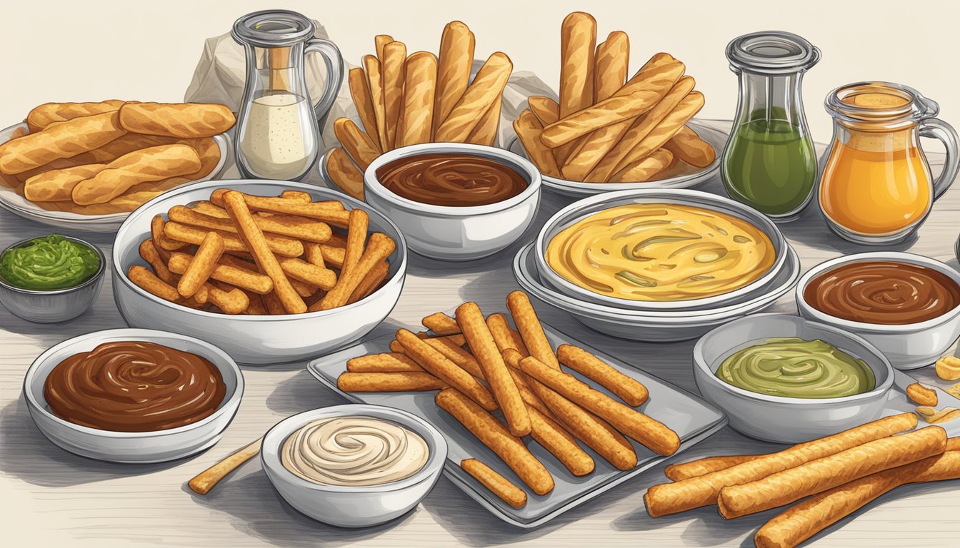 A table set with a variety of breadstick substitutes: pretzel rods, cheese straws, and grissini, alongside a selection of dips and spreads