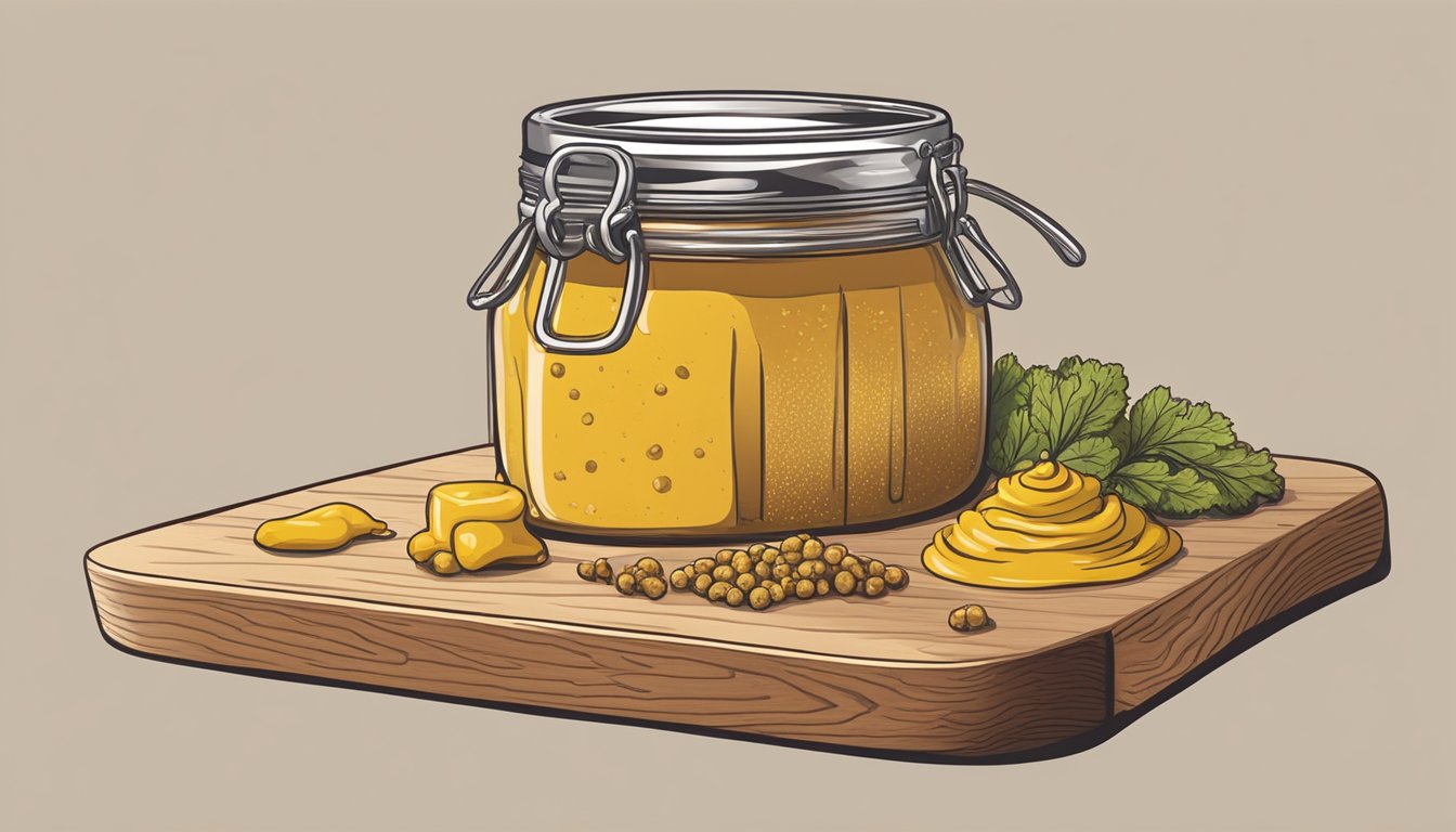 A jar of bourbon mustard surrounded by various alternative mustard options on a wooden cutting board