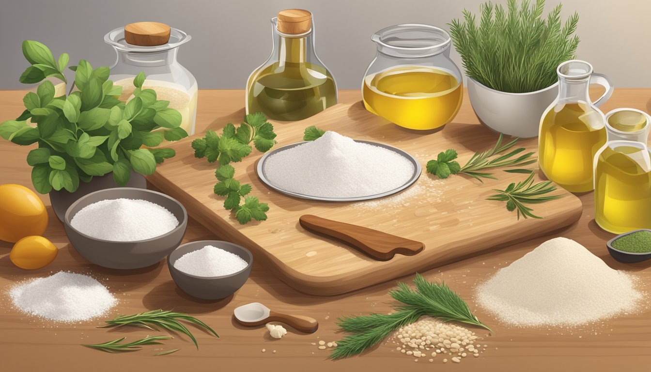 A wooden cutting board with various ingredients such as flour, yeast, olive oil, and herbs scattered around. A mixing bowl and measuring cups are also present