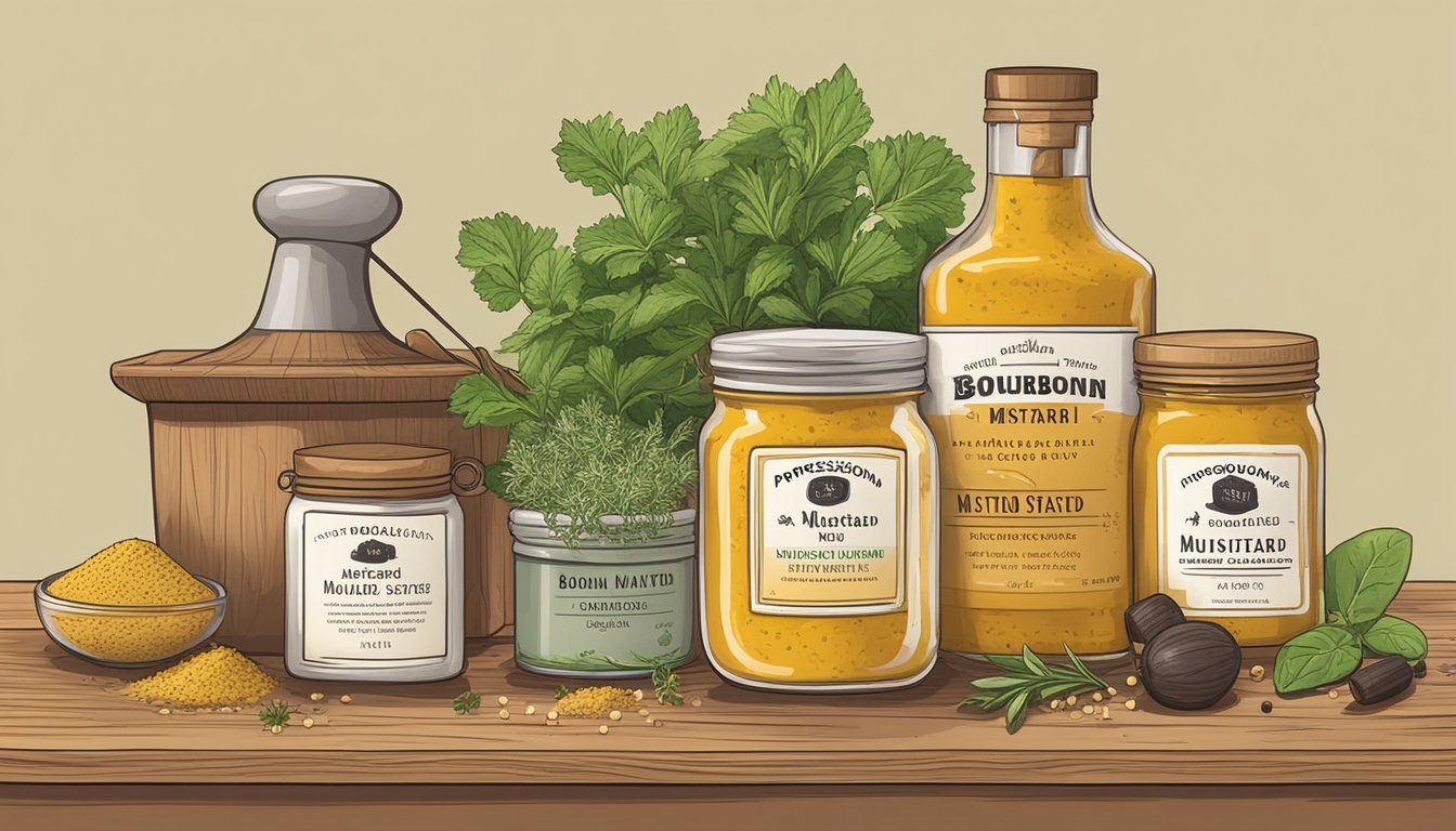 A jar of bourbon mustard sits among various alternative mustard substitutes on a wooden cutting board, surrounded by fresh herbs and spices