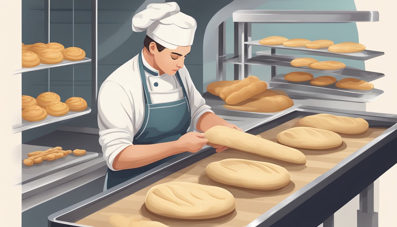 A baker kneads dough, shapes into long sticks, and places them on a baking tray