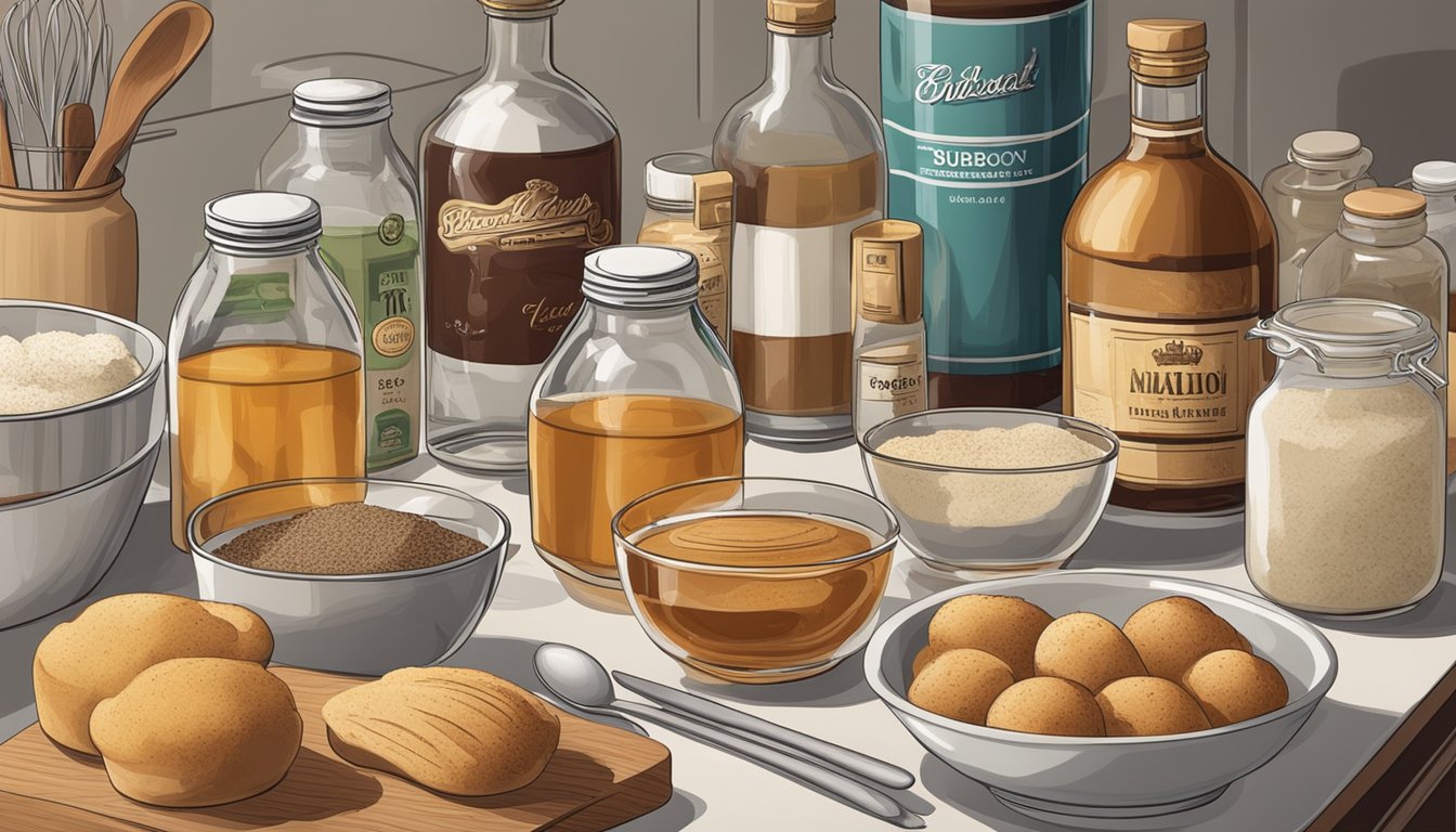 A kitchen counter with various baking and cooking ingredients, including bottles of bourbon substitutes, surrounded by mixing bowls and utensils