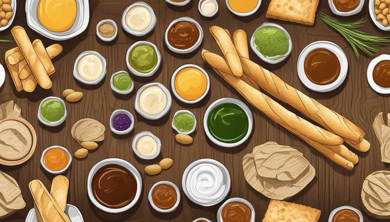 A variety of breadstick substitutes and dipping sauces arranged on a wooden board