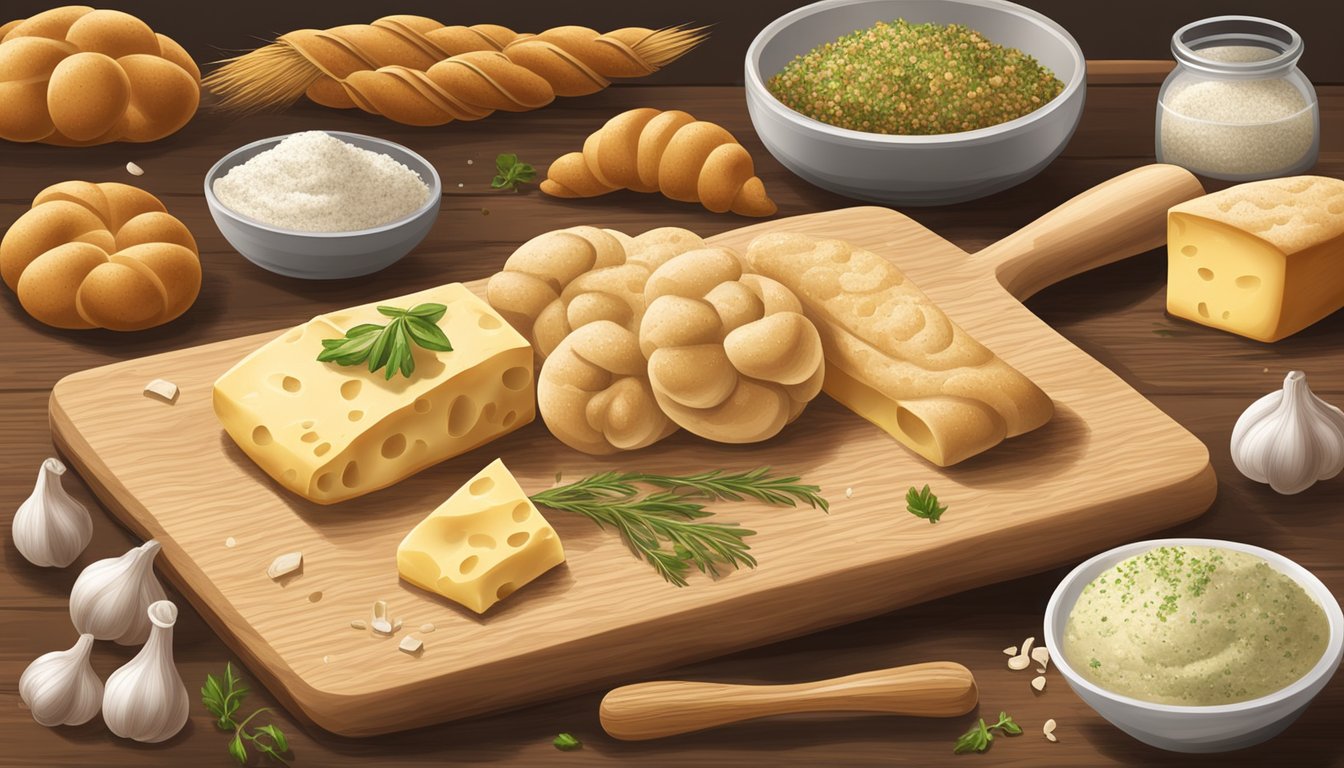 A wooden cutting board with various bread alternatives: garlic knots, cheese twists, and herbed flatbread. A rolling pin and flour dust the surface