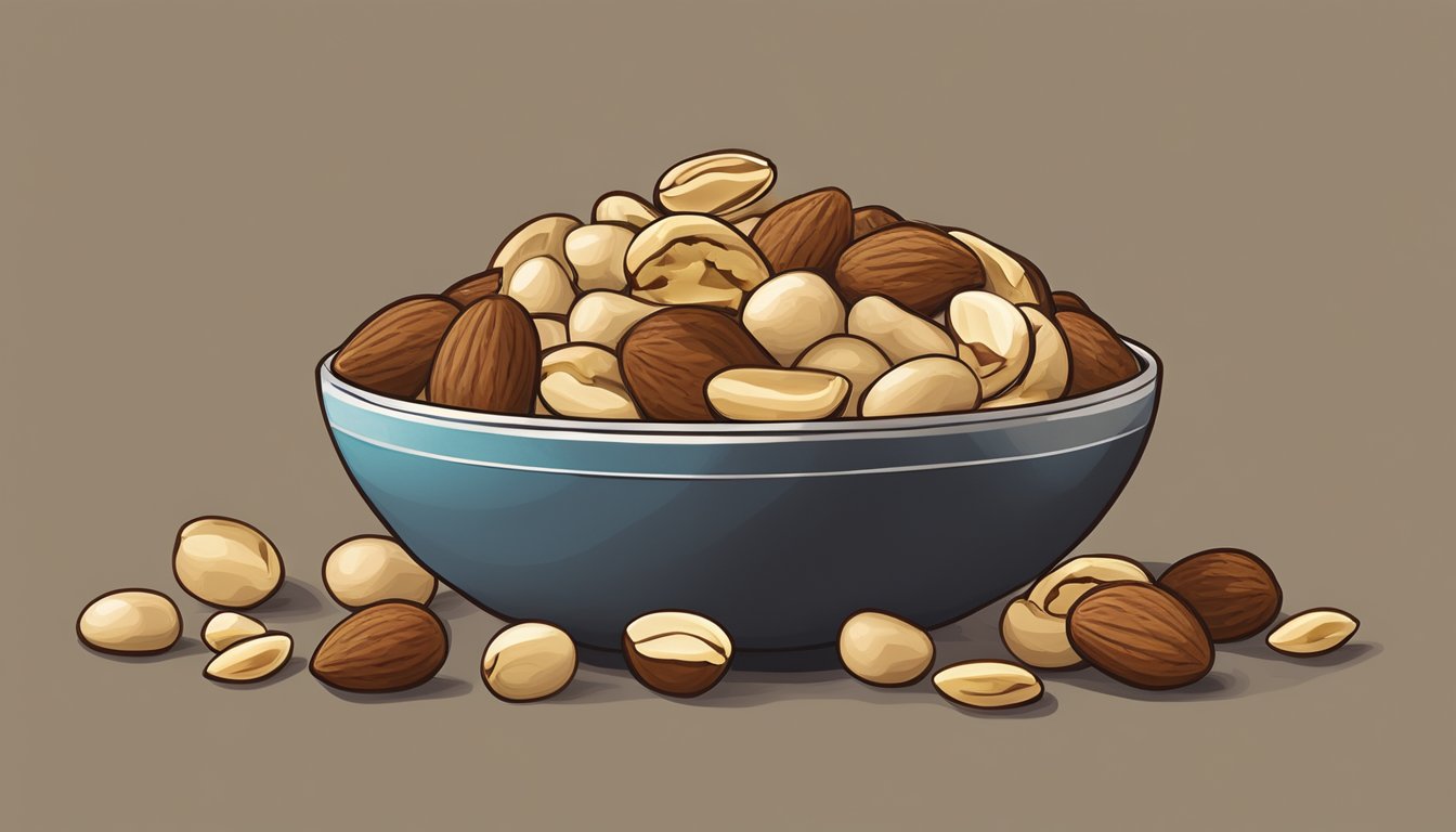 A bowl of mixed nuts with Brazil nuts replaced by almonds and cashews