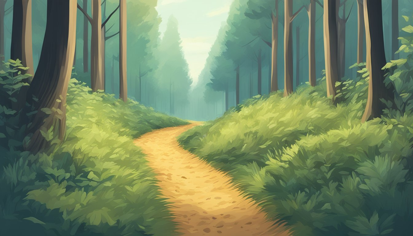 A trail of breadcrumbs leading through a forest, gradually disappearing into the distance