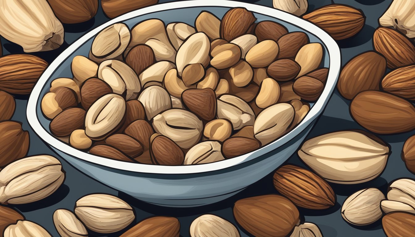 A bowl of mixed nuts with almonds, cashews, and hazelnuts next to a pile of Brazil nuts