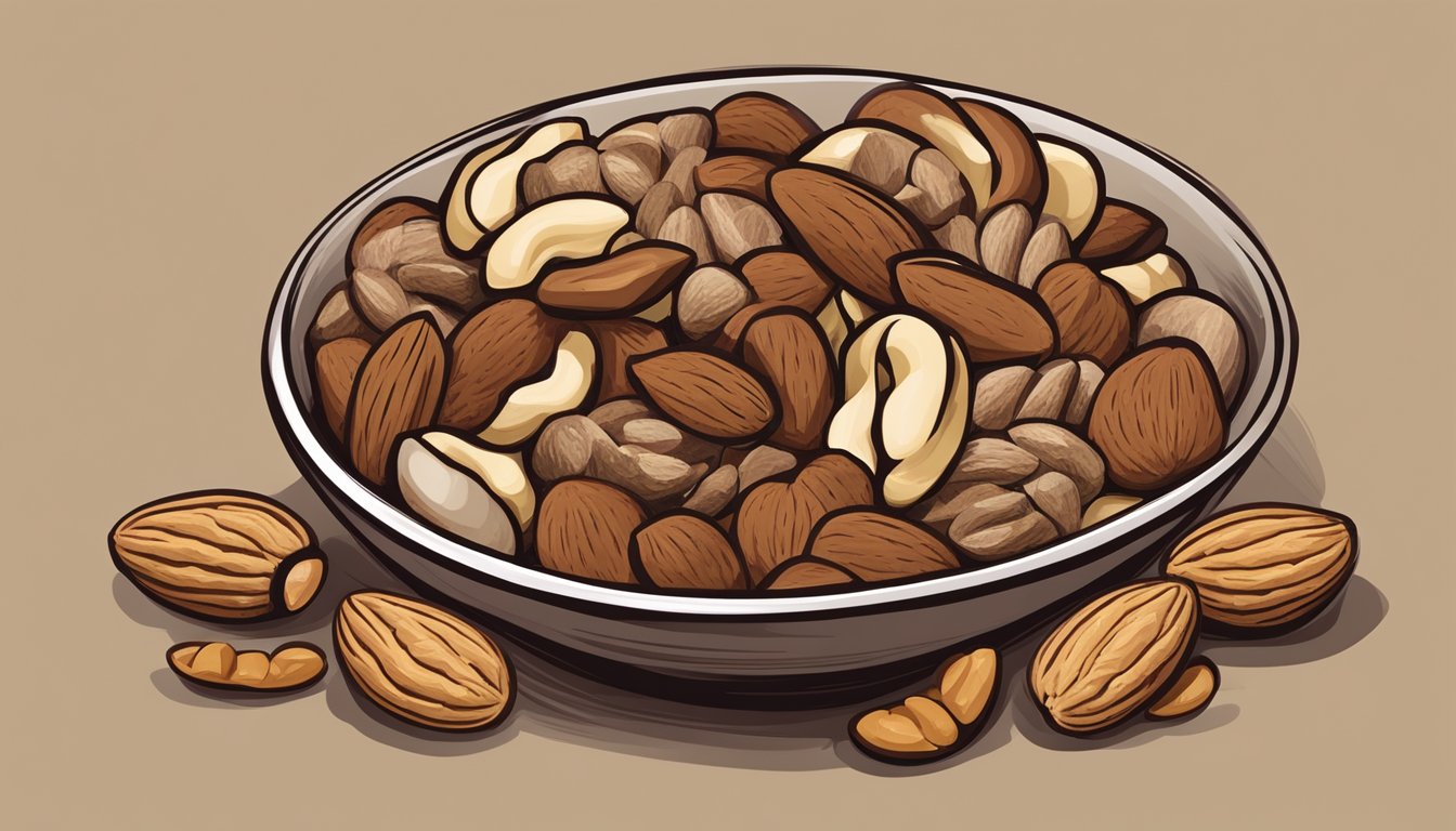 A bowl of mixed nuts, including almonds, cashews, and walnuts, with a prominent Brazil nut placed in the center