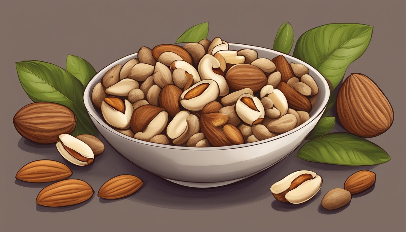 A bowl of mixed nuts with a prominent Brazil nut, surrounded by various seed substitutes such as almonds, cashews, and walnuts