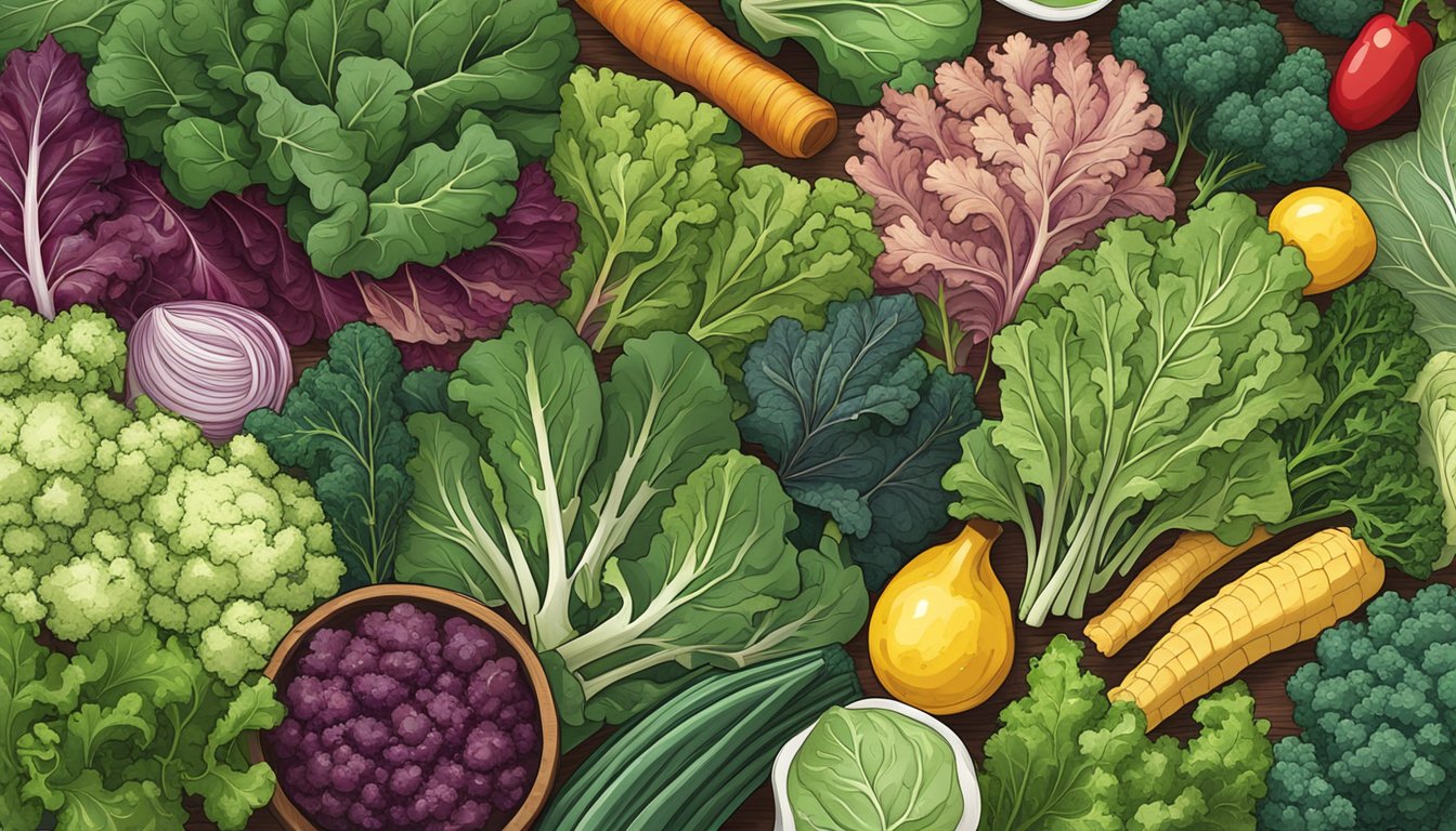 A colorful array of leafy greens, including kale, Swiss chard, and mustard greens, arranged on a wooden cutting board