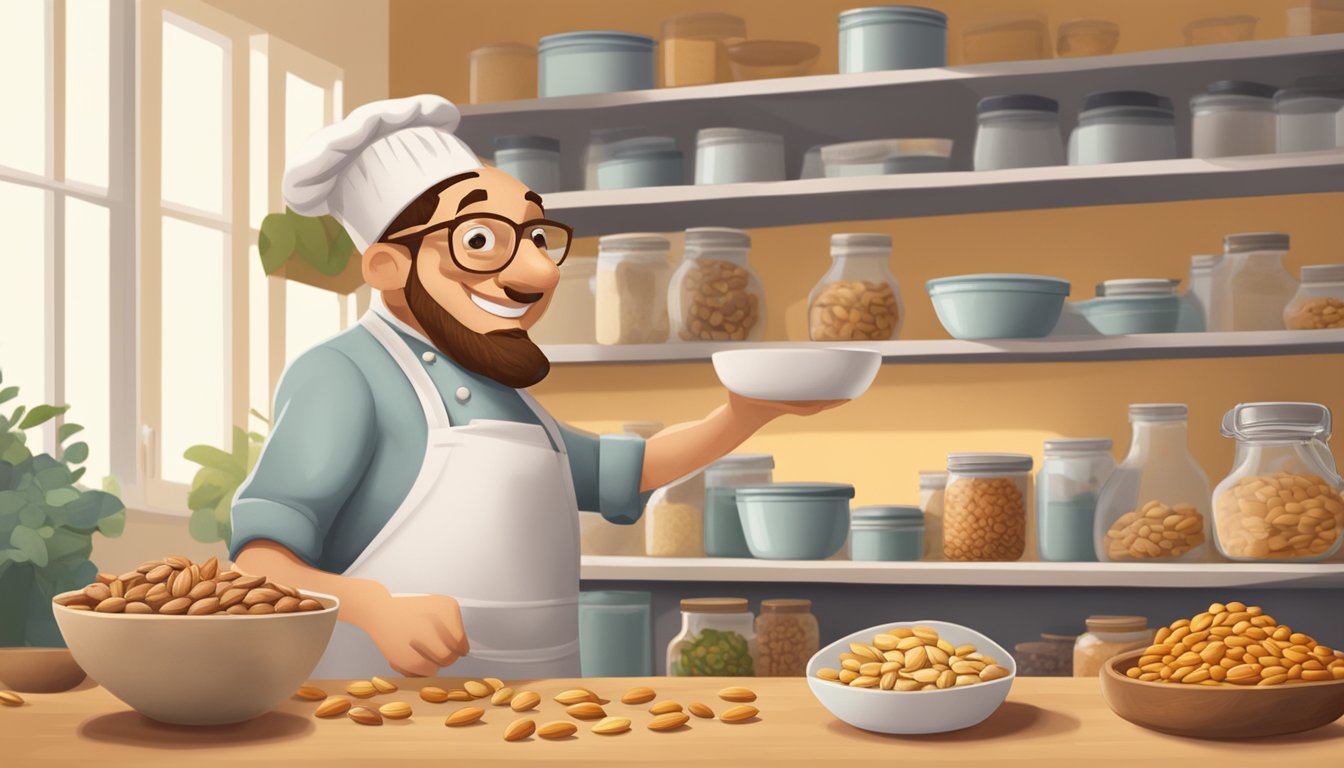 A chef in a kitchen, reaching for a jar of almonds and a bag of sunflower seeds on a shelf, with a bowl of mixed nuts on the counter