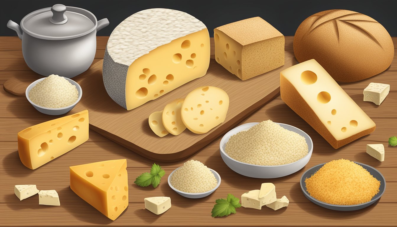 A variety of cheese and bread crumb substitutes arranged on a wooden cutting board