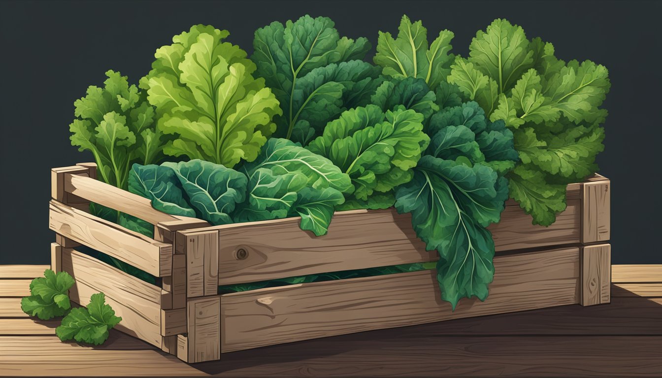 A vibrant bunch of leafy greens, such as kale, Swiss chard, and collard greens, arranged in a rustic wooden crate