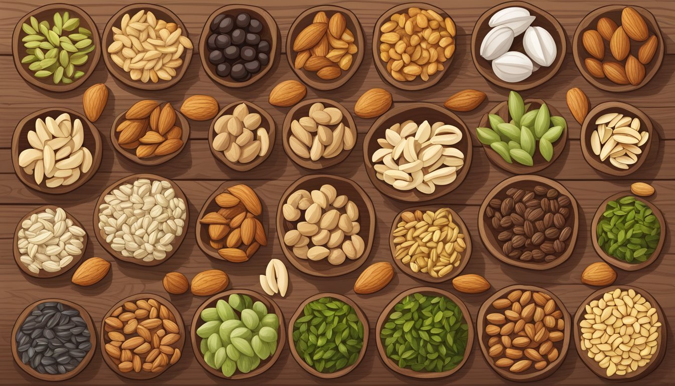 A variety of nuts and seeds arranged on a wooden cutting board, including almonds, cashews, sunflower seeds, and pumpkin seeds