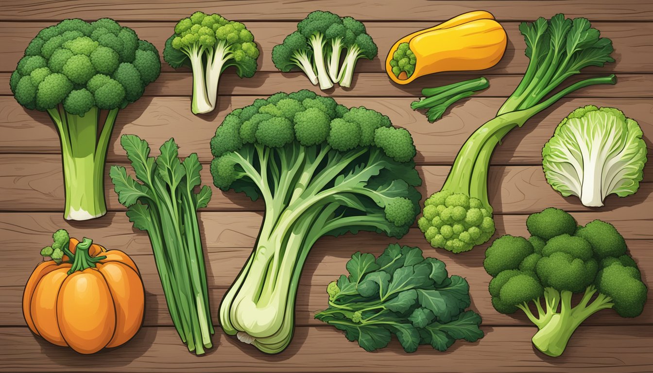 A colorful array of international vegetables, including broccoli rabe substitutes, displayed on a rustic wooden table