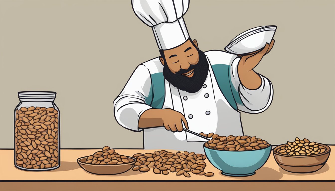 A chef swapping brazil nuts for almonds in a recipe, with a pile of almonds next to a bowl of mixed nuts