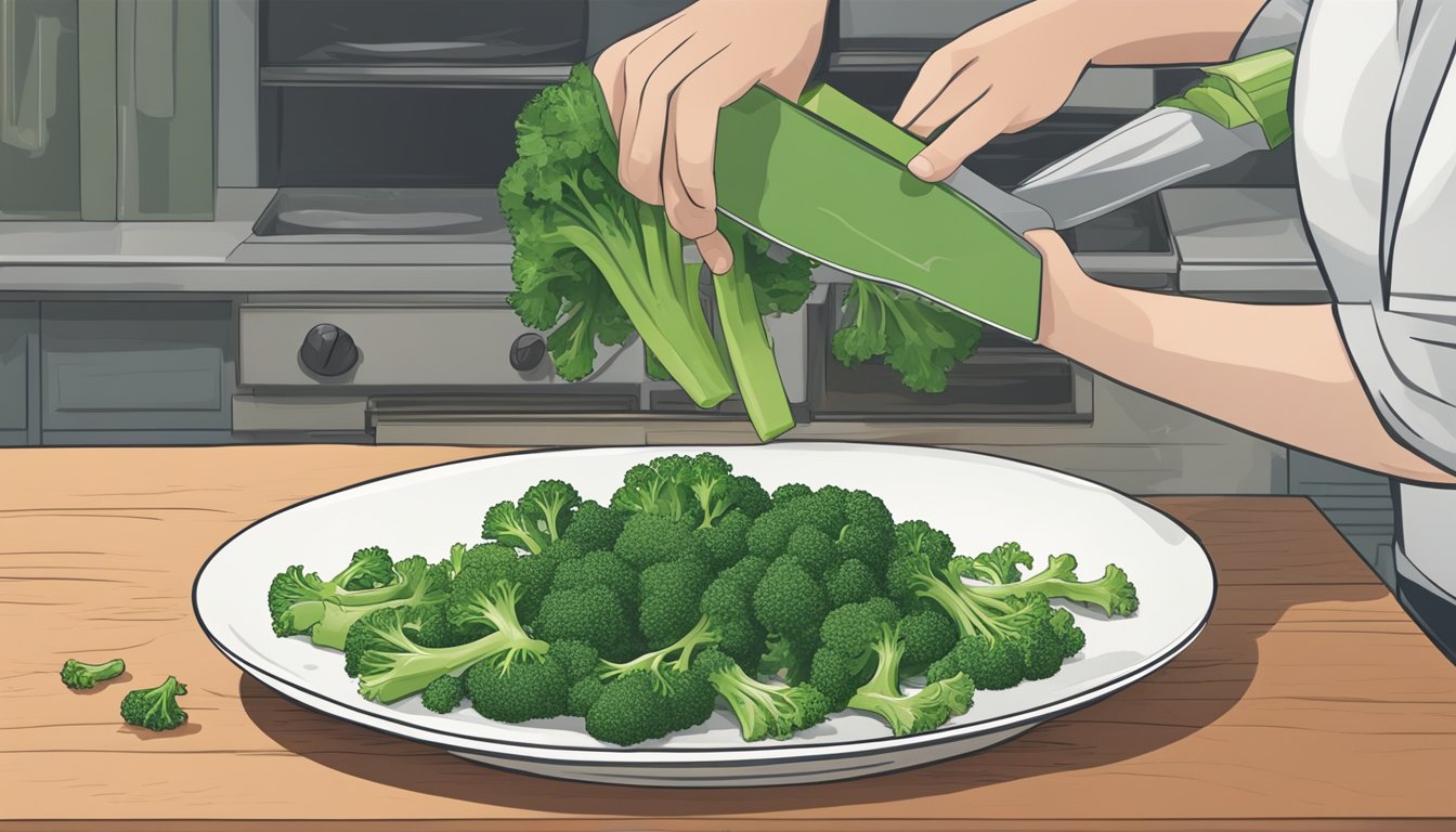 Broccoli rabe being chopped and added to a dish, with other substitute ingredients nearby