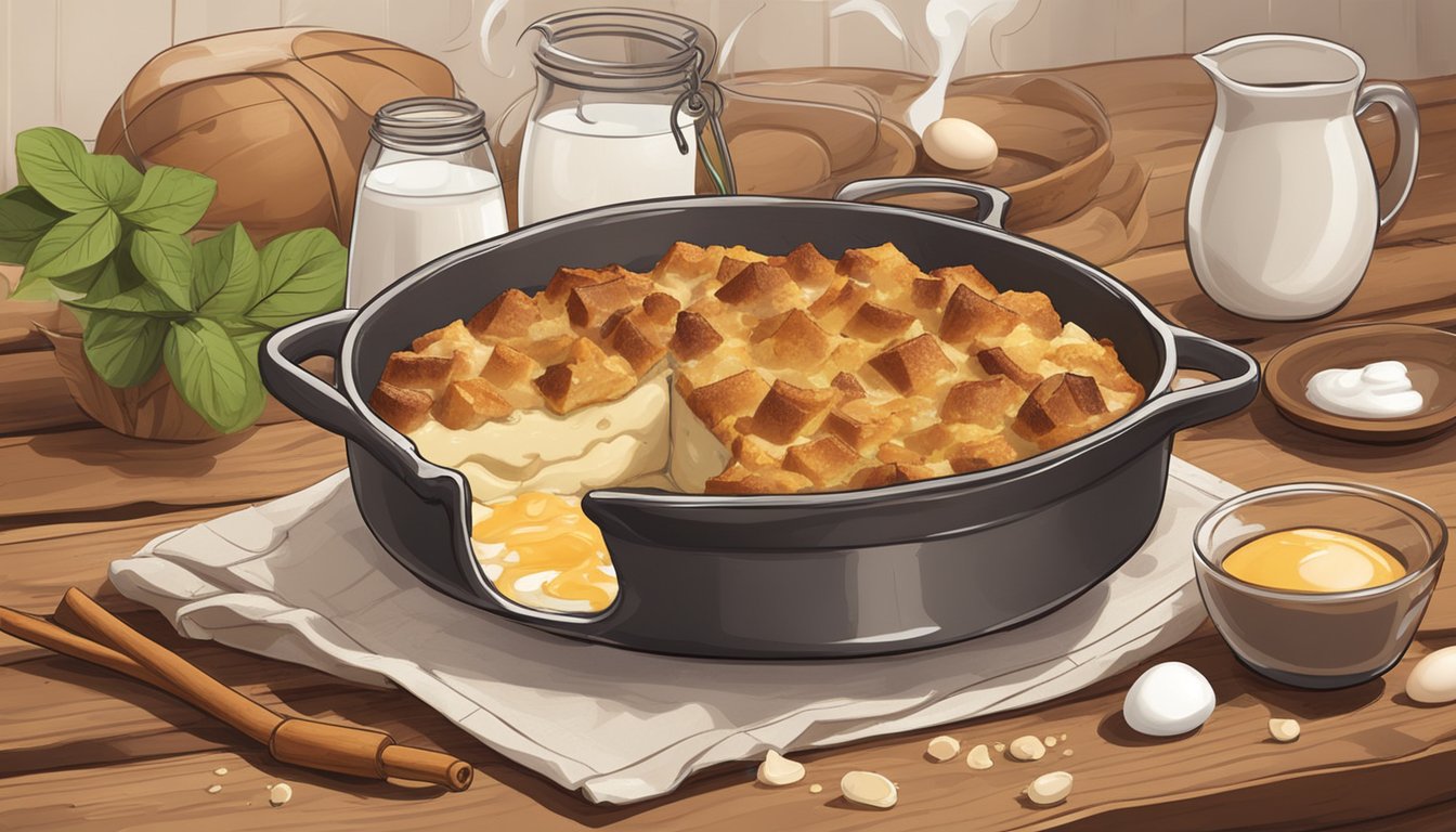 A steaming bread pudding sits on a rustic wooden table, surrounded by scattered ingredients like eggs, milk, and cinnamon