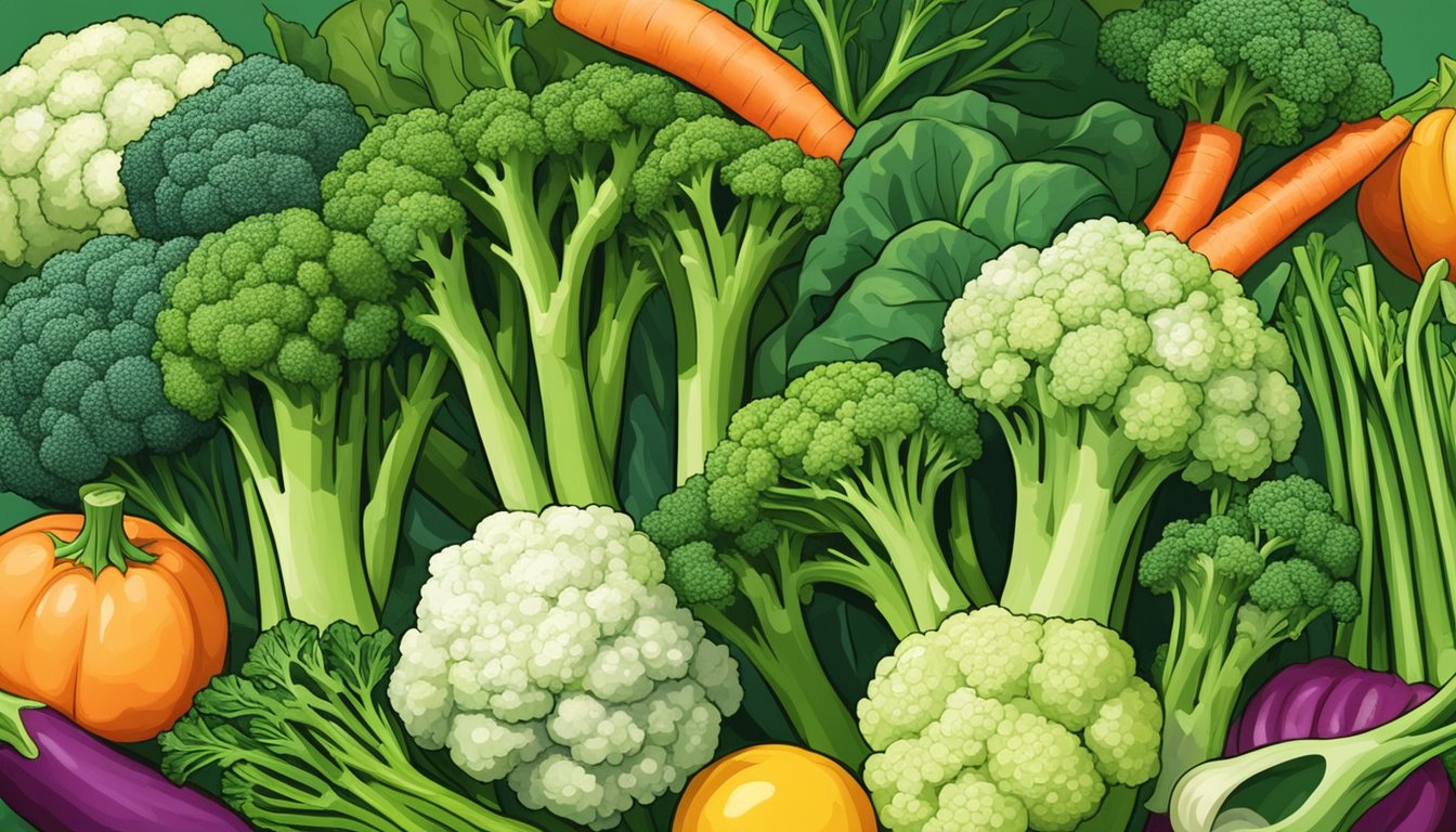 A vibrant bunch of broccolini stands tall, surrounded by a variety of other fresh vegetables, in a bustling grocery store