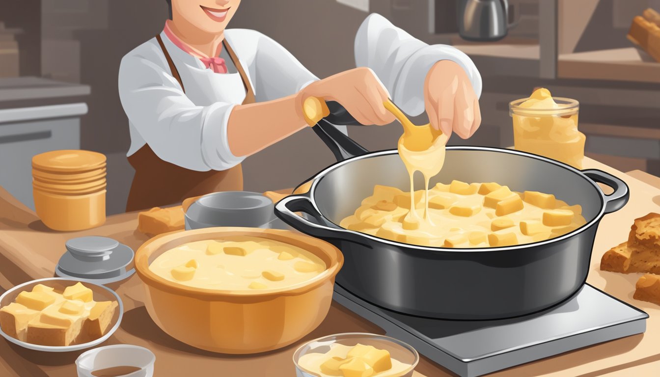 A baker pouring a rich custard mixture over a pan of bread chunks, preparing to bake a delectable bread pudding