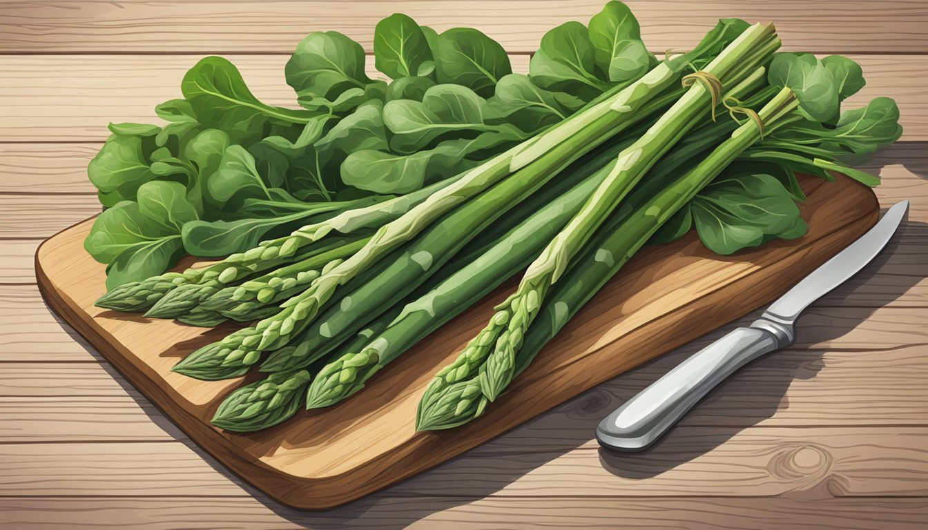 A bunch of asparagus and baby spinach arranged beside a pile of green beans and a head of kale on a wooden cutting board