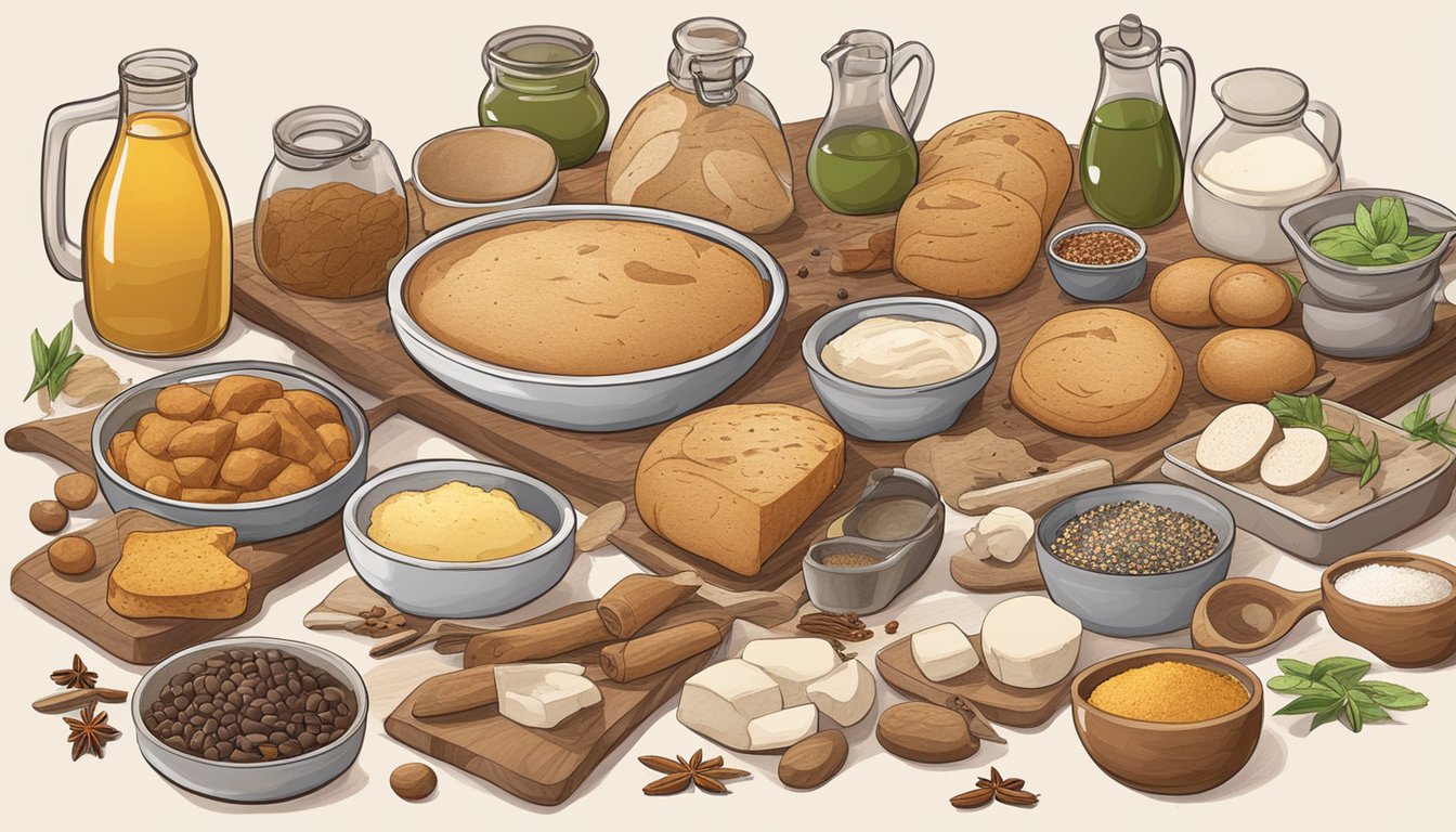 A table with various ingredients scattered around, including different types of bread, spices, and mix-ins for making bread pudding