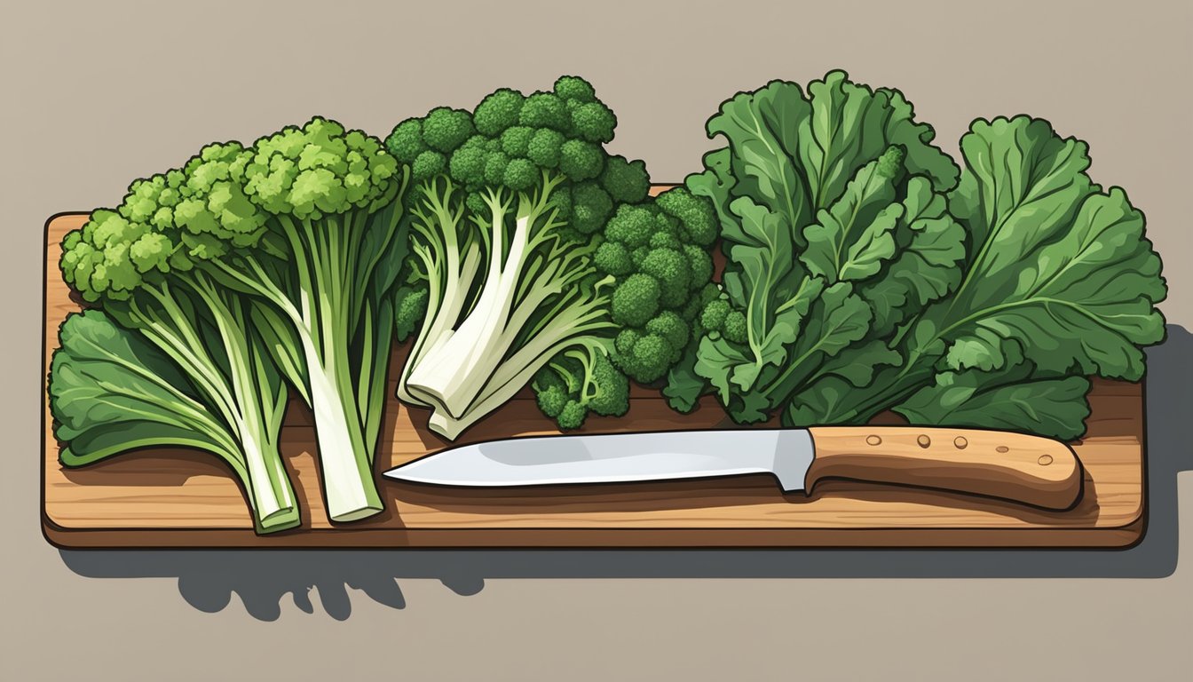 A vibrant bunch of leafy greens, such as kale, Swiss chard, and spinach, arranged on a wooden cutting board next to a bunch of broccolini