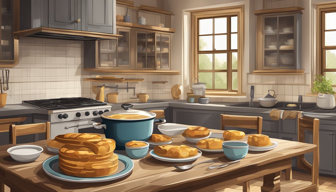 A rustic kitchen with a warm oven, a mixing bowl filled with bread pudding batter, and a table set with serving plates and utensils