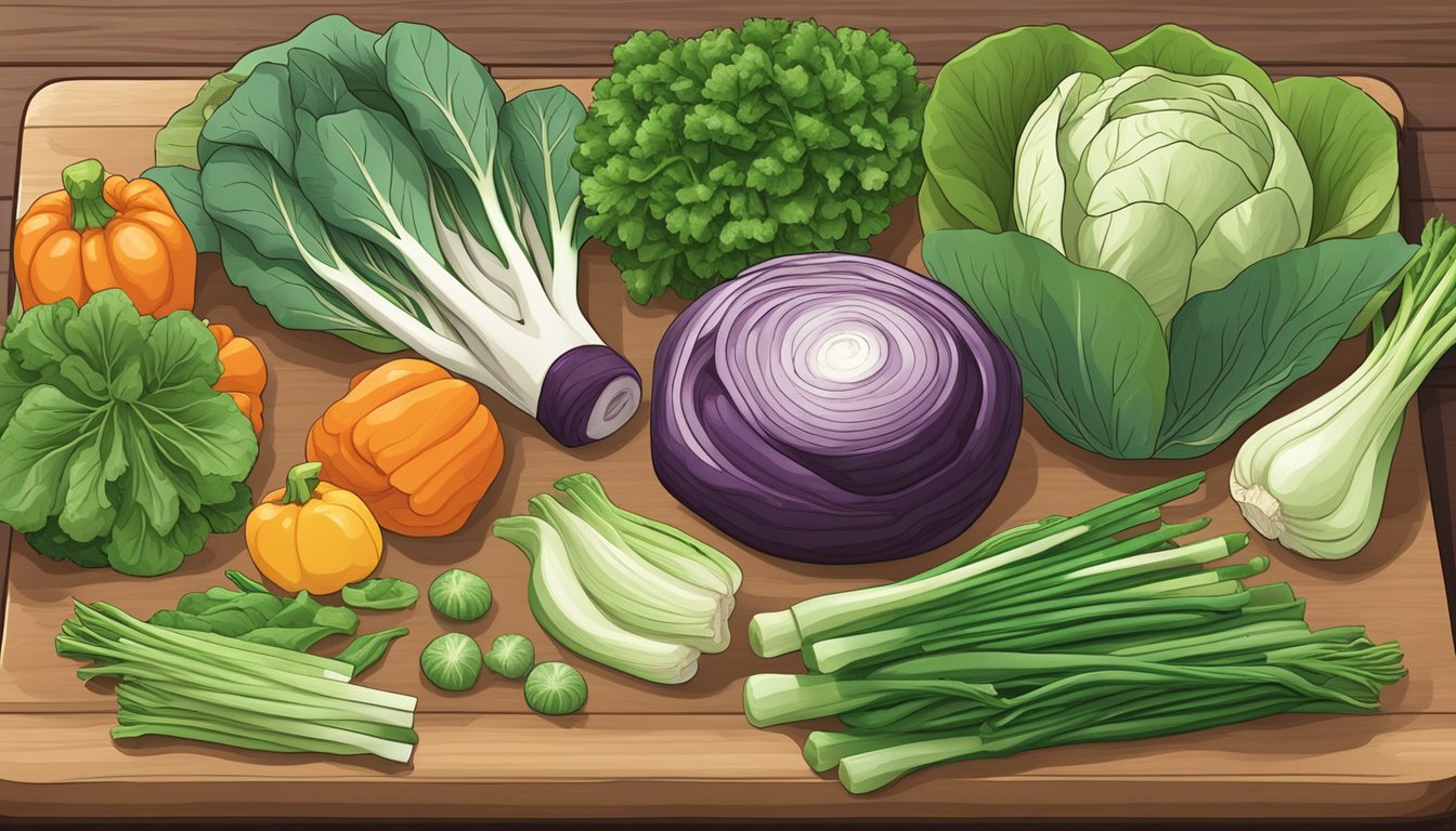 A colorful array of Asian vegetables arranged on a wooden cutting board, including baby bok choy, gai lan, and yu choy