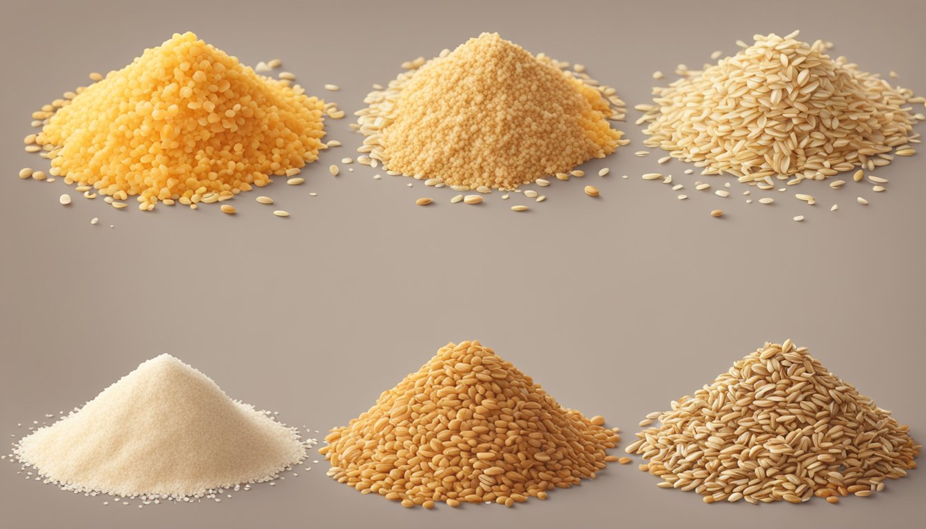 A pile of breadcrumbs next to alternative substitutes like crushed nuts and seeds, oats, and grated cheese for a nutritional comparison