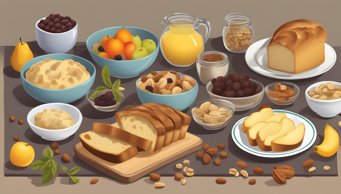 A table set with ingredients for bread pudding substitutes, including fruits, nuts, and various types of bread