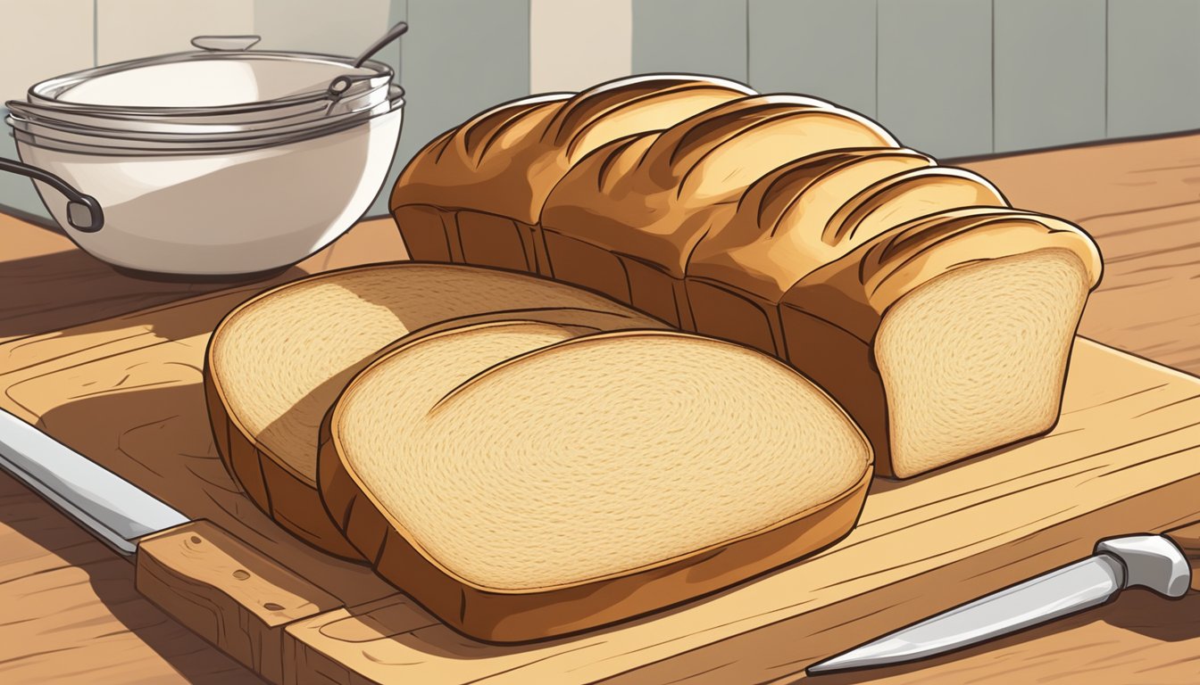 A loaf of brioche bread being replaced by a stack of sliced challah bread on a wooden cutting board