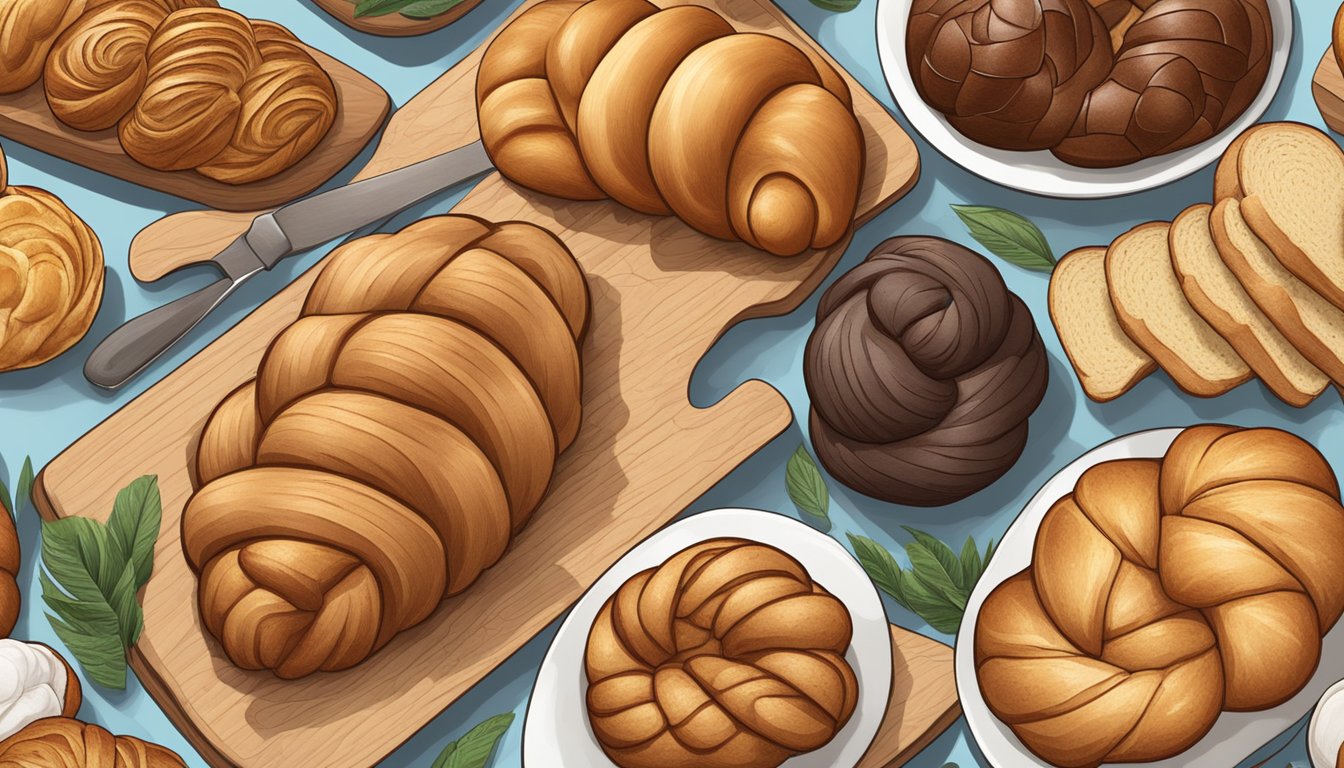 A variety of brioche bread substitutes arranged on a wooden cutting board, including challah, croissants, and Hawaiian sweet bread