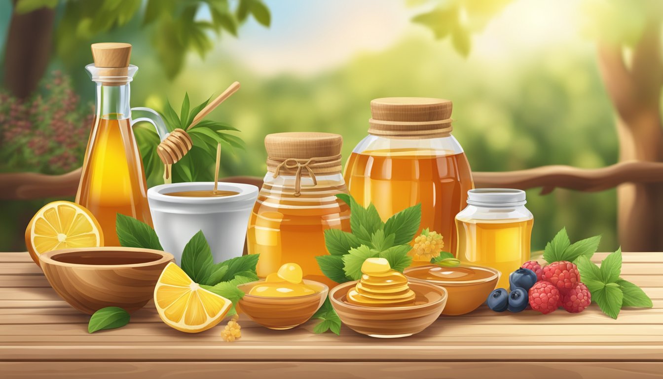 Various natural liquid sweeteners (honey, maple syrup, agave nectar) arranged on a wooden table, surrounded by fresh fruits and herbs