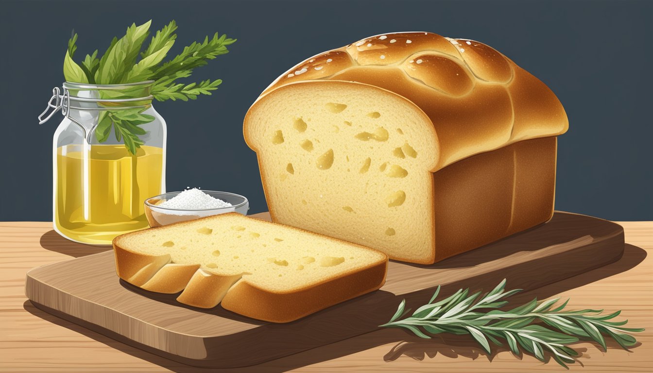 A golden brioche loaf sits on a wooden cutting board, surrounded by fresh herbs, olive oil, and a sprinkling of sea salt