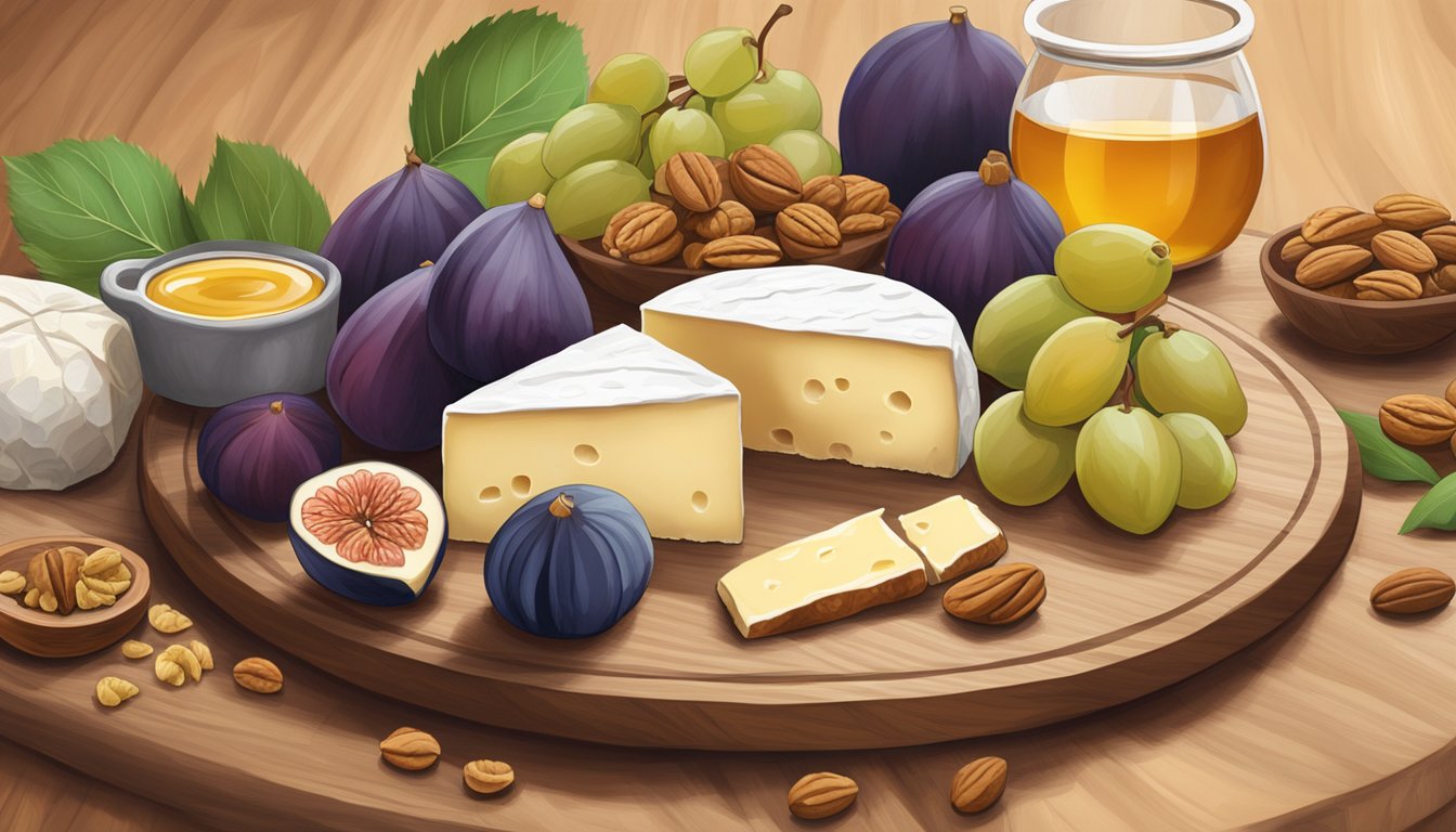 A wheel of brie cheese sits next to a spread of walnuts, figs, and honey on a wooden cheese board