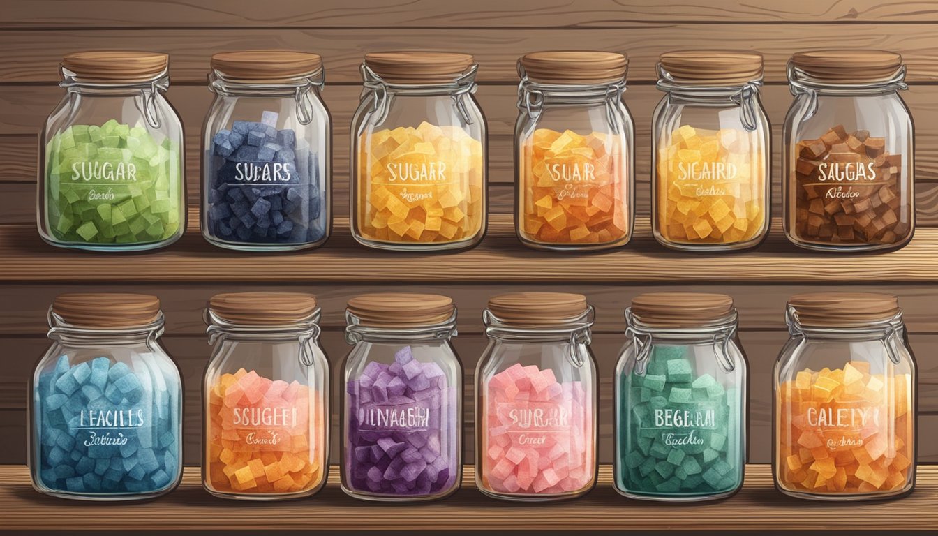 A collection of specialty sugars in glass jars, each labeled with a unique flavor, arranged on a rustic wooden table