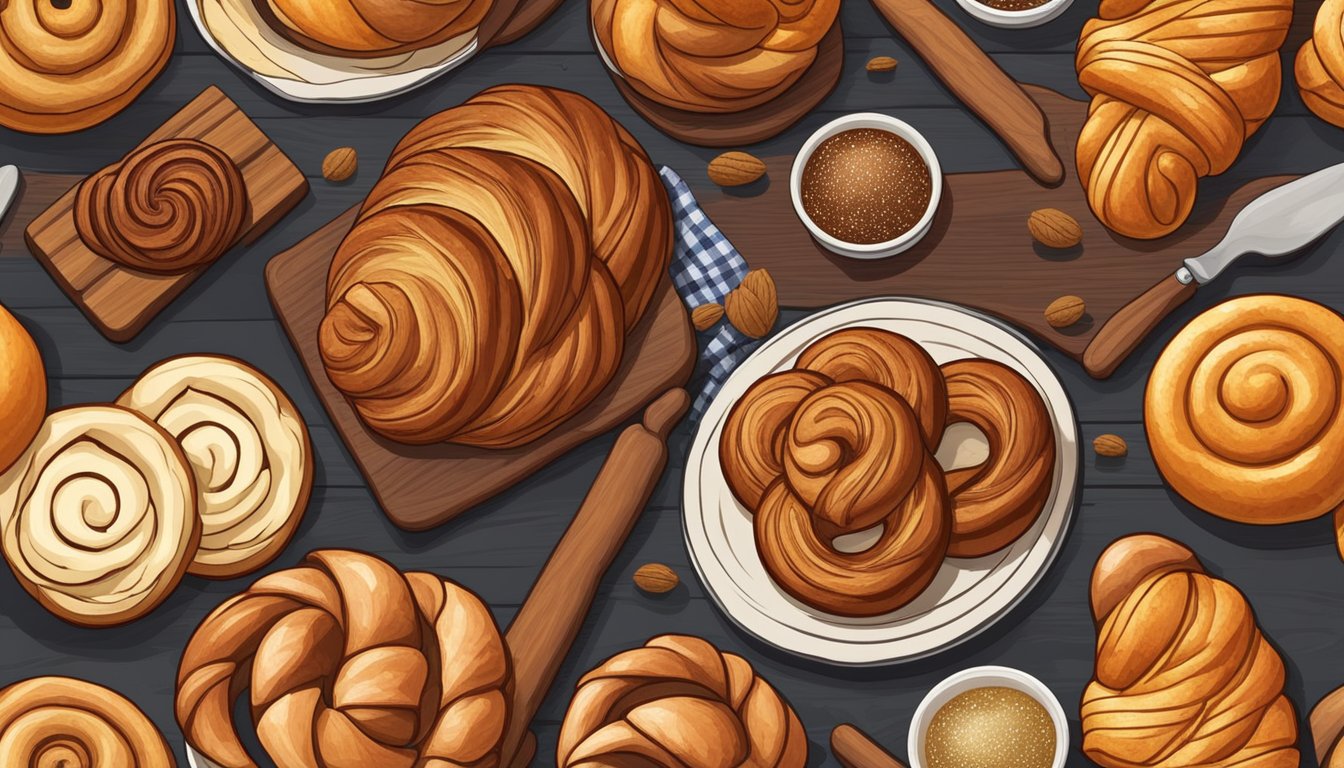 A table with a variety of sweet and rich texture alternatives to brioche bread, such as challah, cinnamon rolls, and croissants, displayed on a wooden cutting board