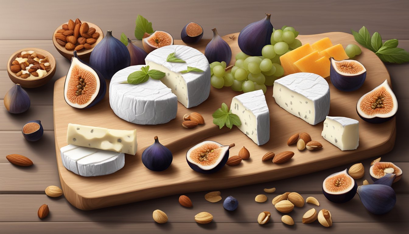 A variety of goat cheese wheels displayed on a wooden board, with assorted accompaniments like figs and nuts