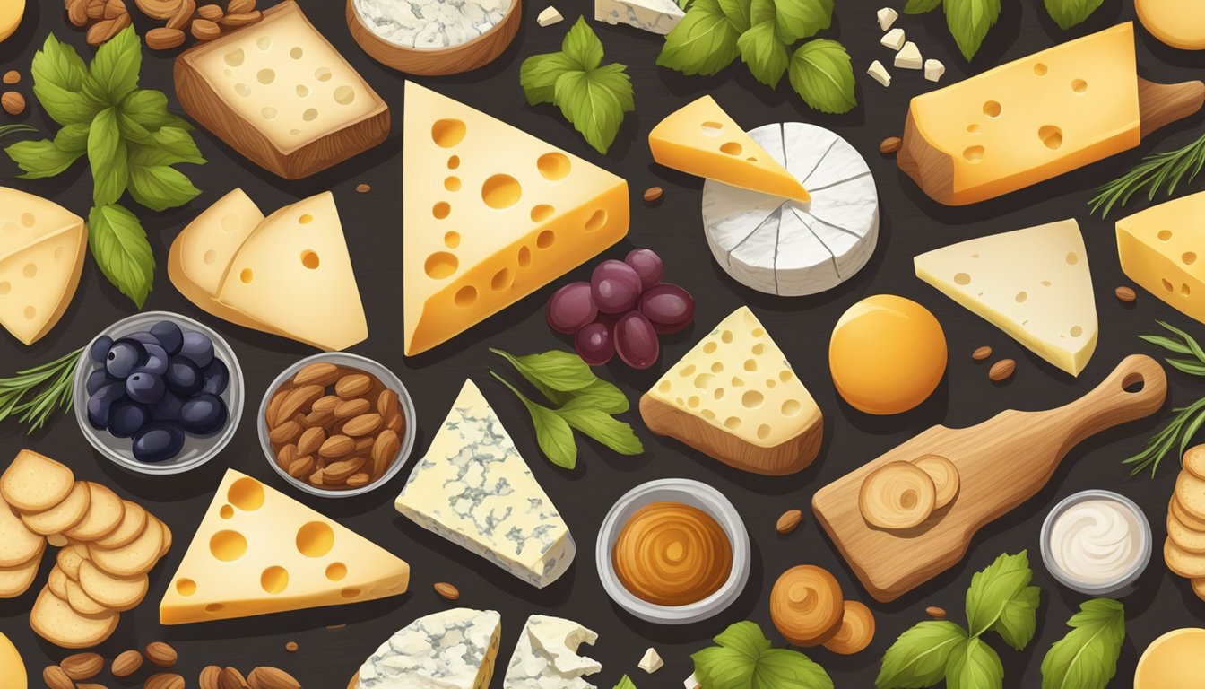 A rustic wooden board with a variety of semi-soft and semi-hard cheese alternatives, including brie substitutes, arranged with decorative garnishes