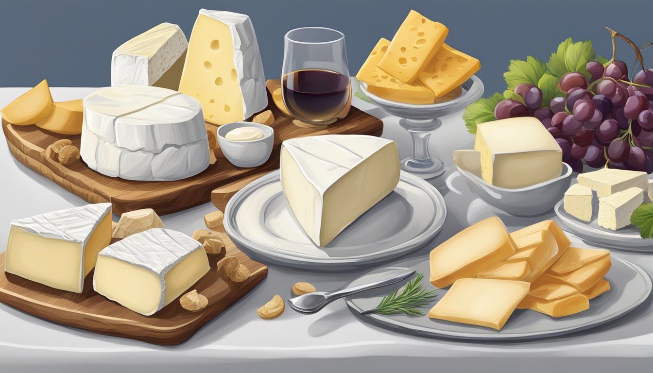 A platter with various specialty and less common substitutes for brie cheese, such as camembert, triple cream, and goat cheese, arranged in an artful display