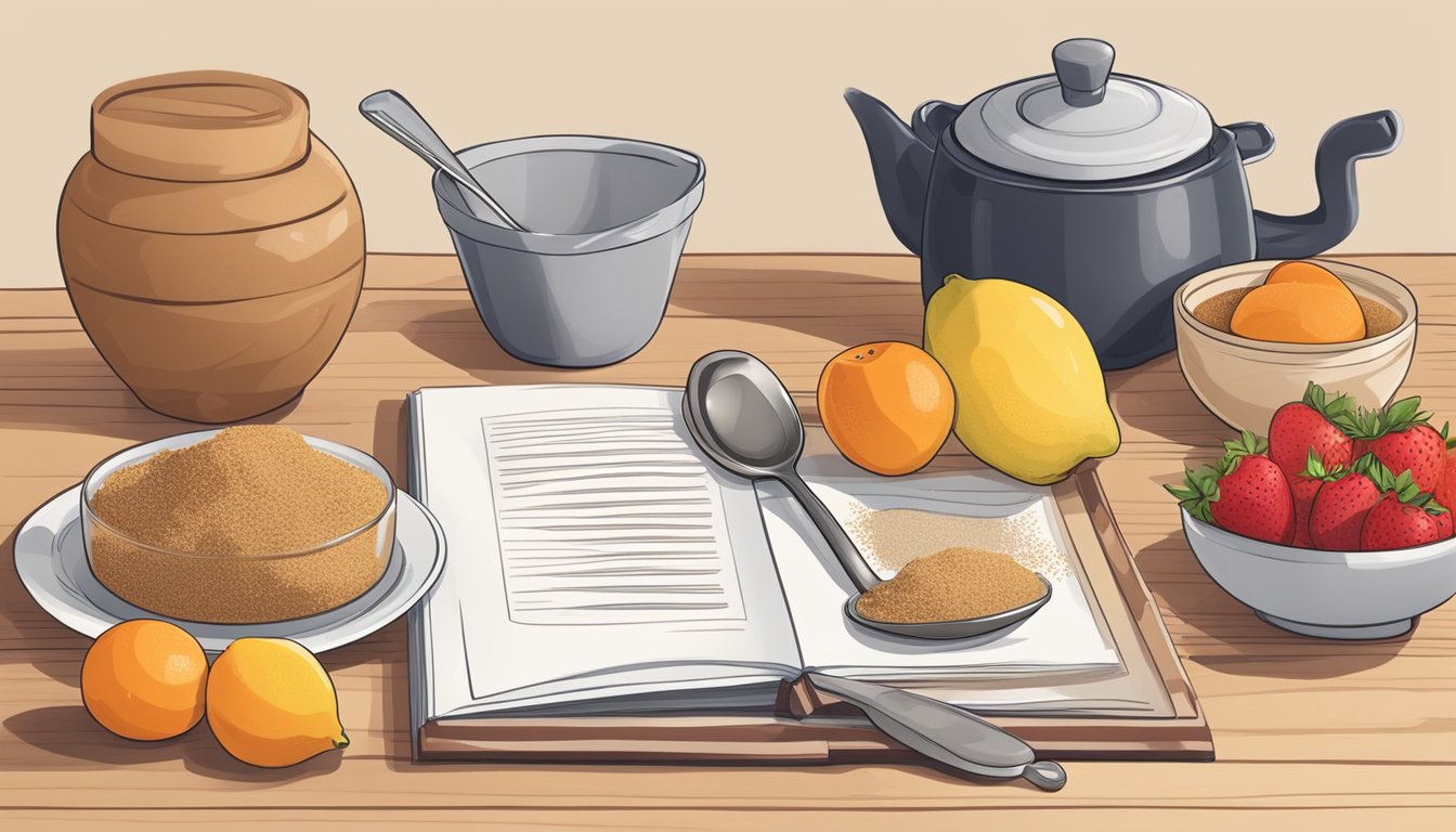 A kitchen counter with various brown sugar substitutes and fresh fruits, alongside a measuring spoon and a recipe book open to a page about healthy baking